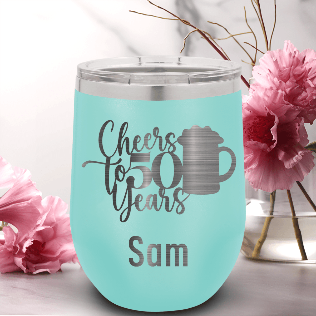 Teal Birthday Wine Tumbler With Cheers To 50 Years Beers Design