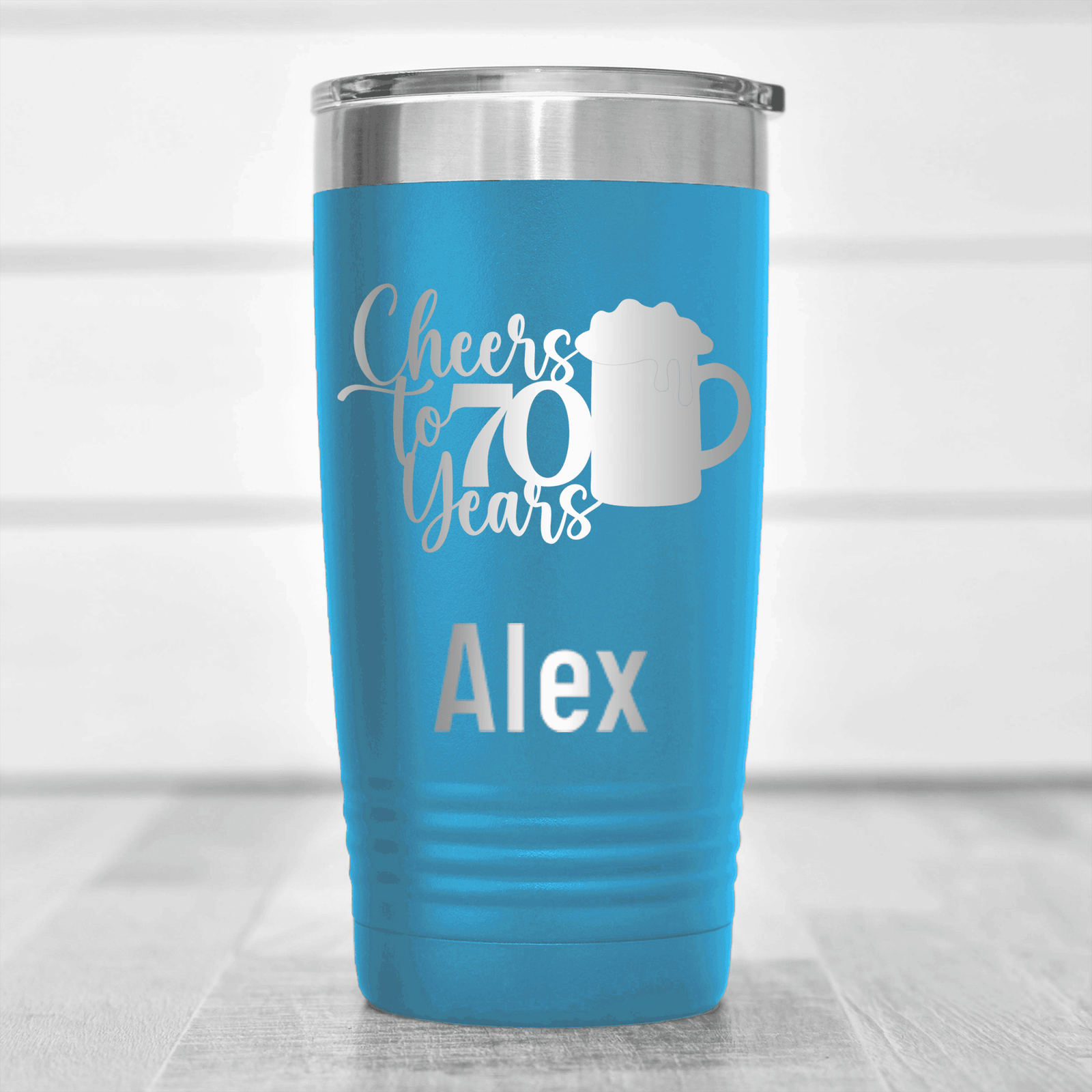 Light Blue Birthday Tumbler With Cheers To 70 Years Beer Design