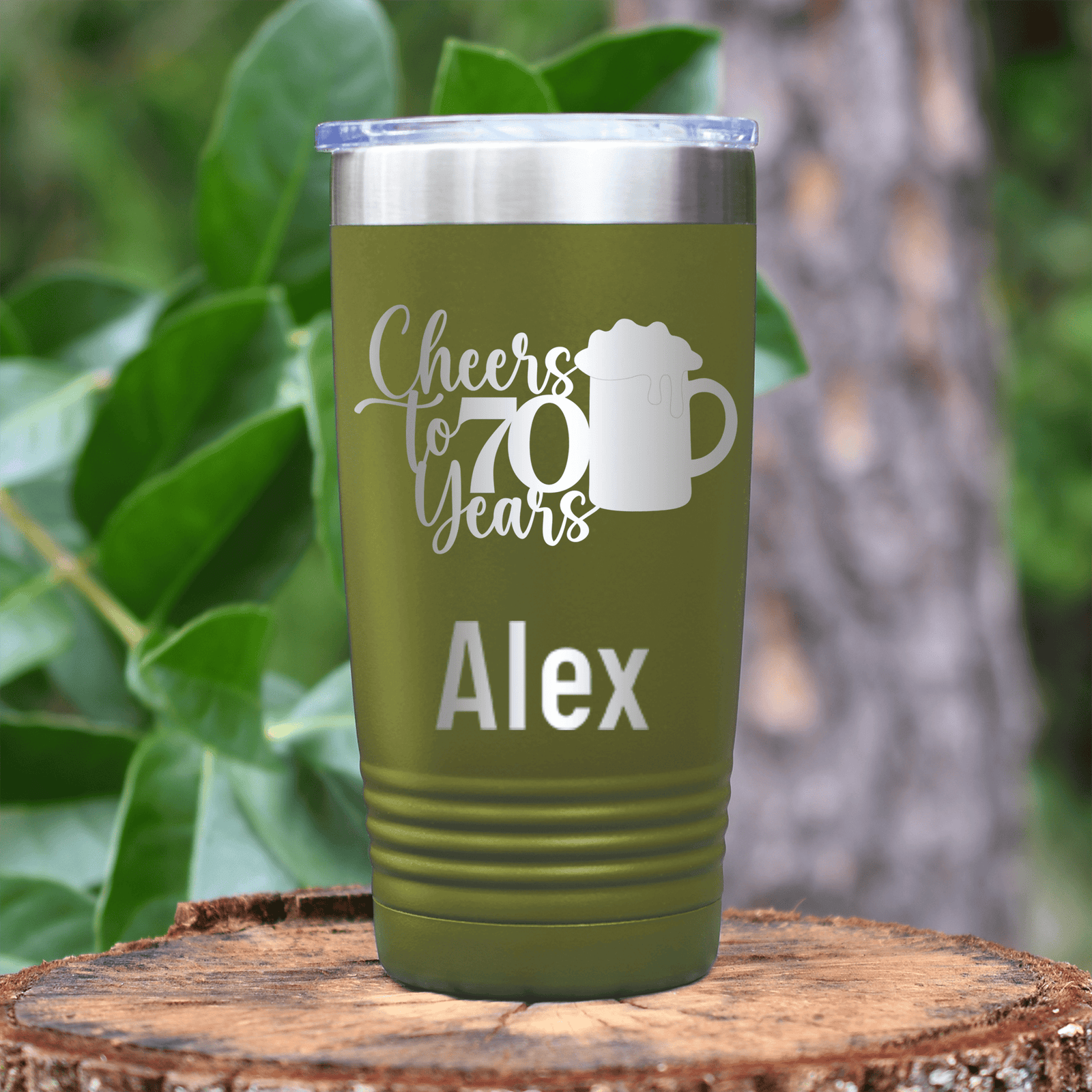 Military Green Birthday Tumbler With Cheers To 70 Years Beer Design