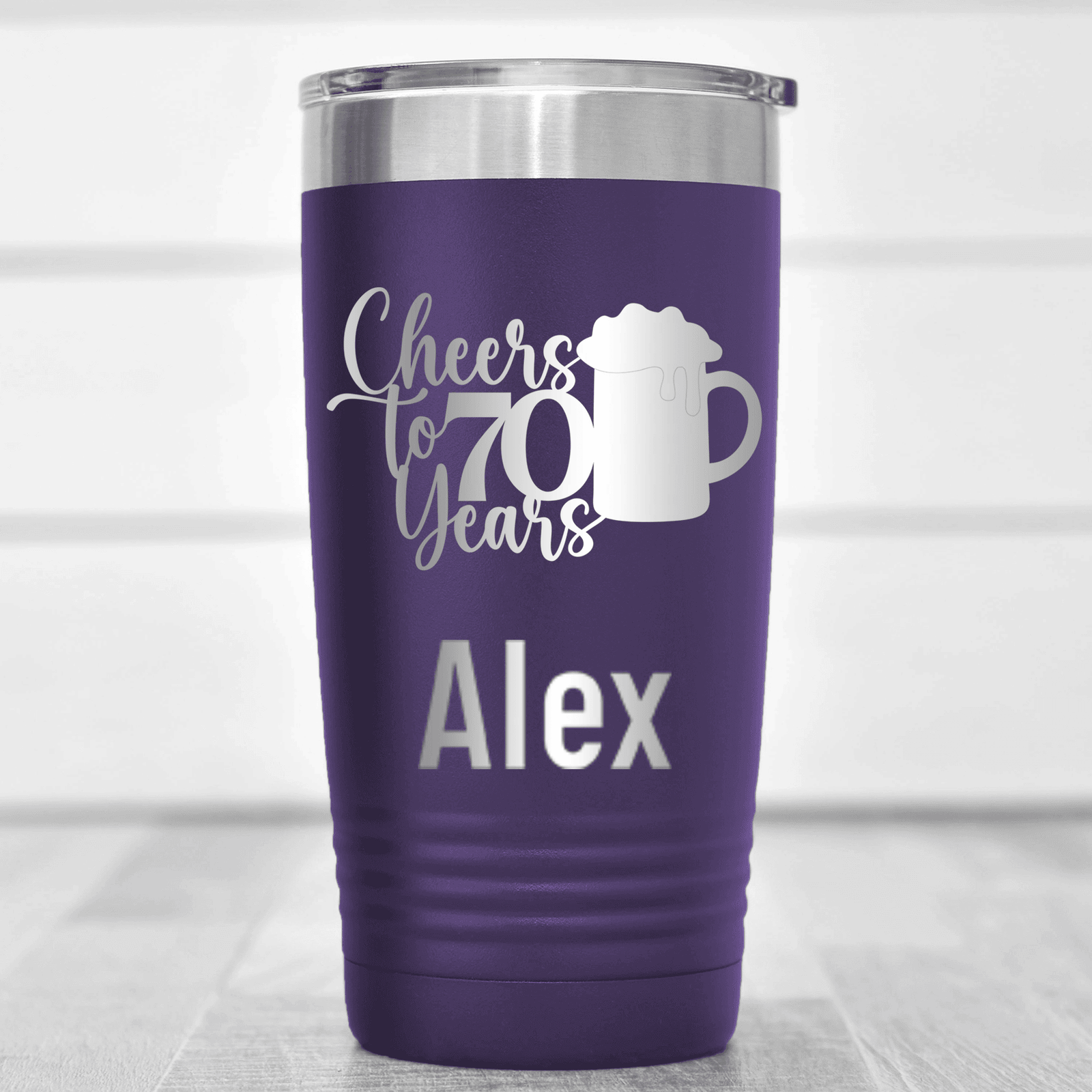 Purple Birthday Tumbler With Cheers To 70 Years Beer Design