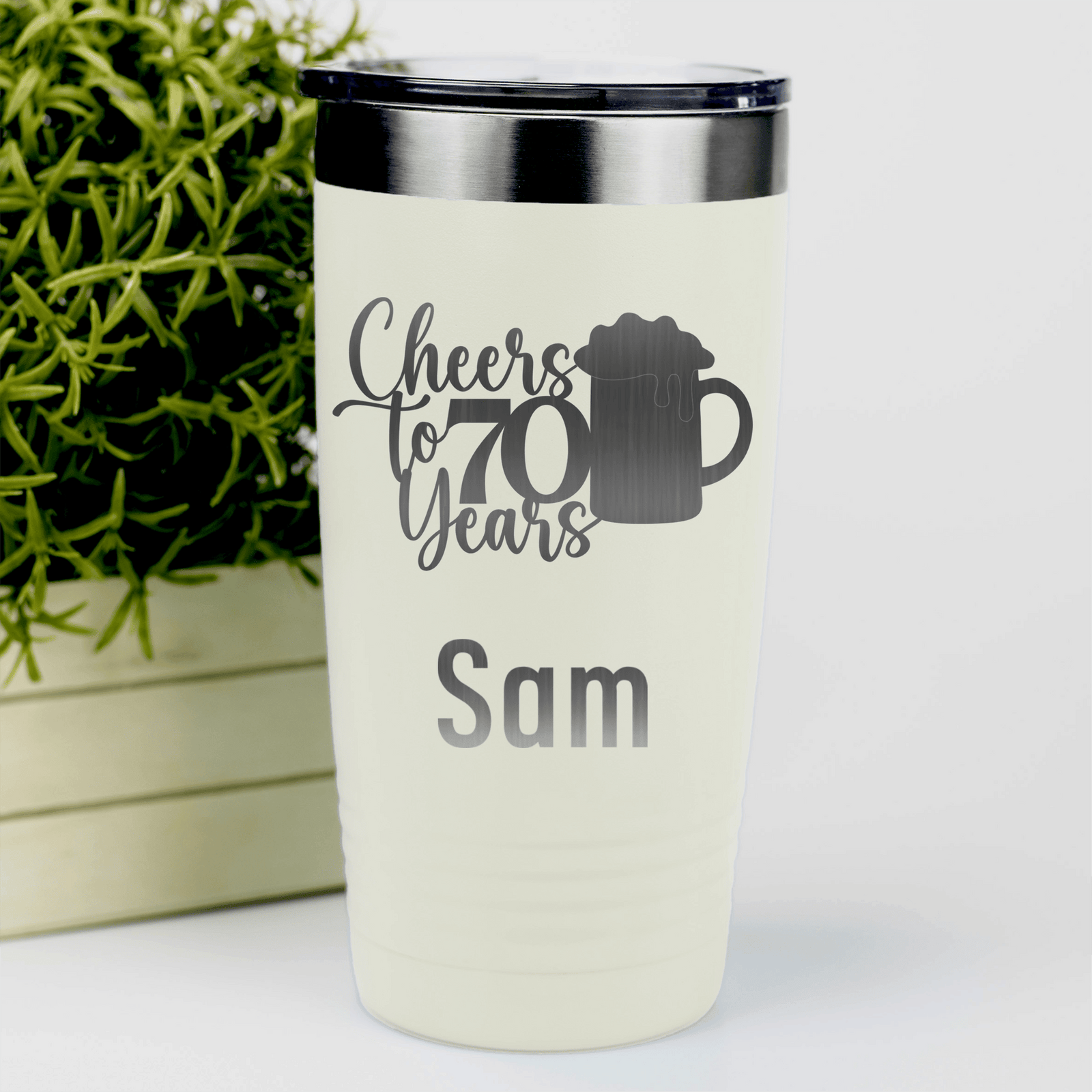 White Birthday Tumbler With Cheers To 70 Years Beer Design