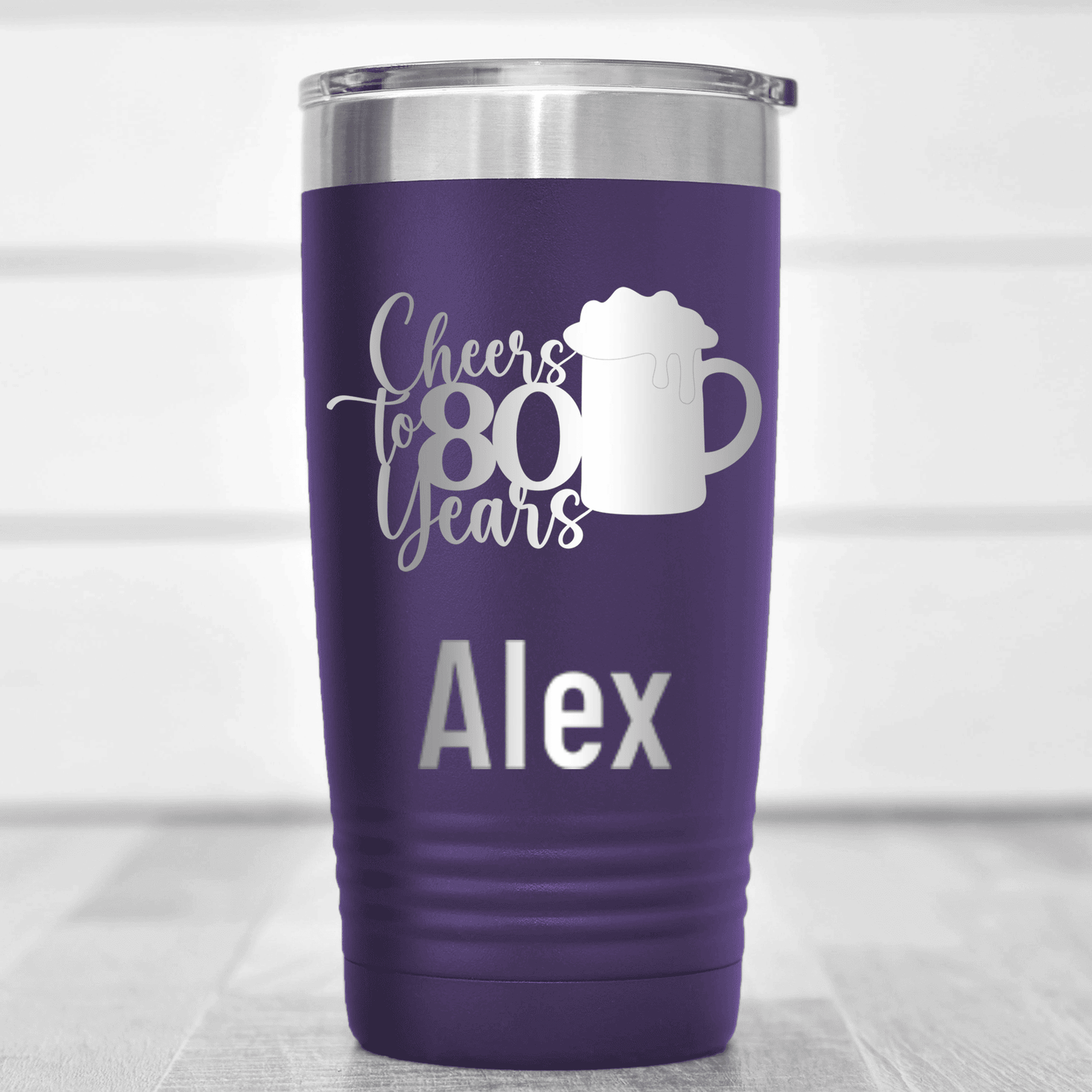 Purple Birthday Tumbler With Cheers To 80 Years Beer Design