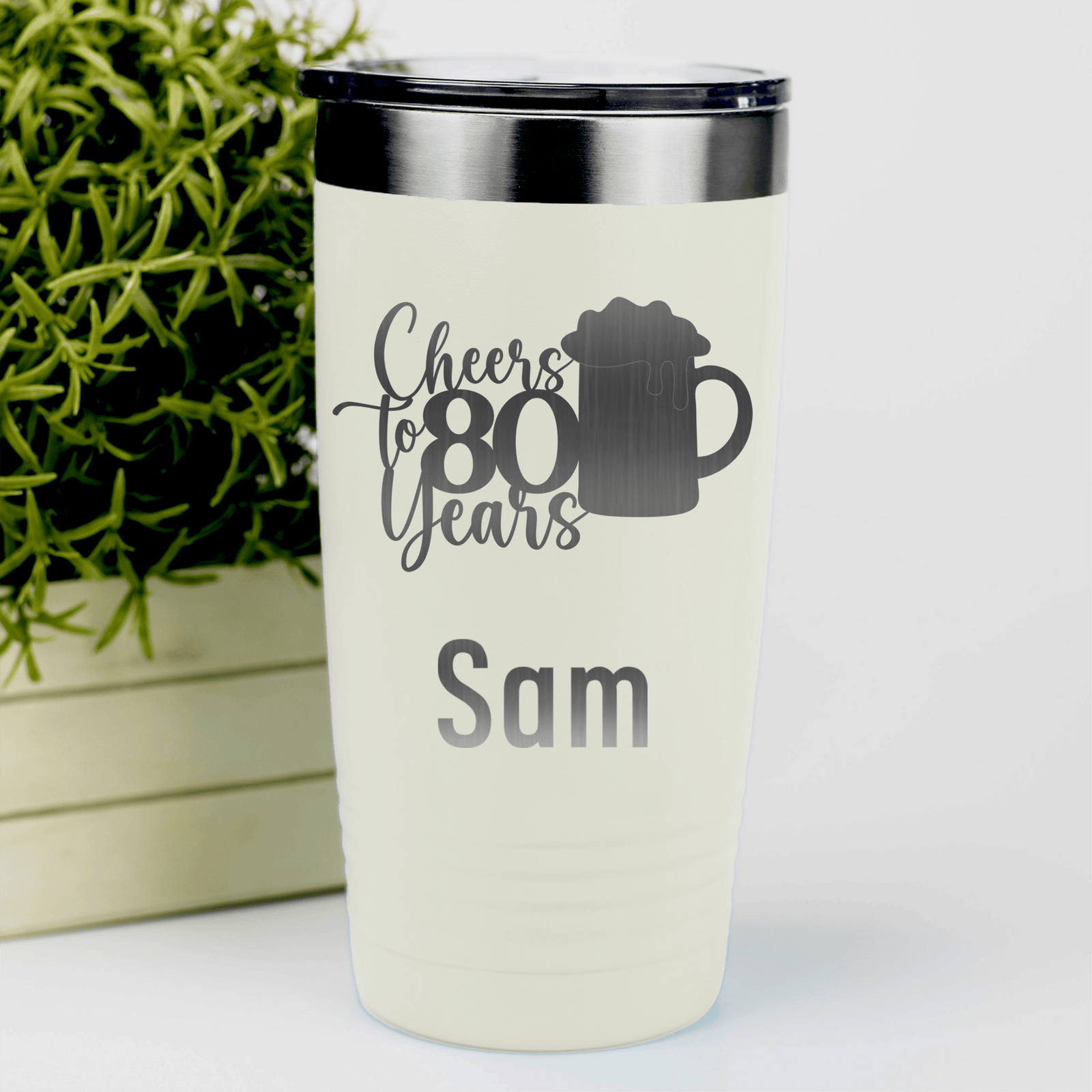 White Birthday Tumbler With Cheers To 80 Years Beer Design