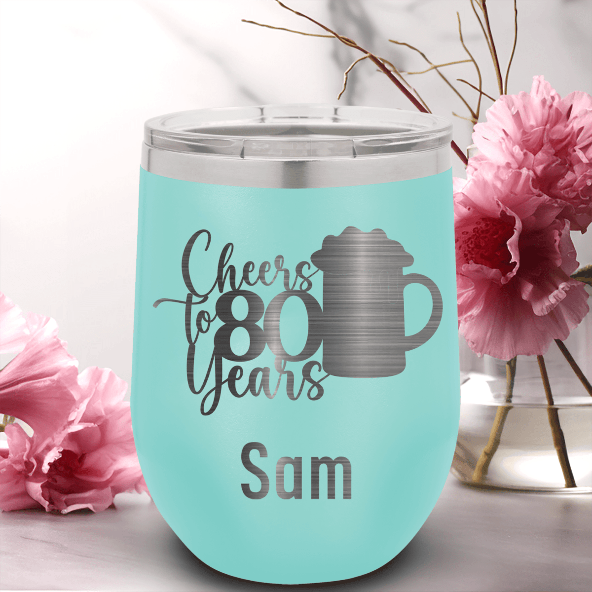 Teal Birthday Wine Tumbler With Cheers To 80 Years Beer Design