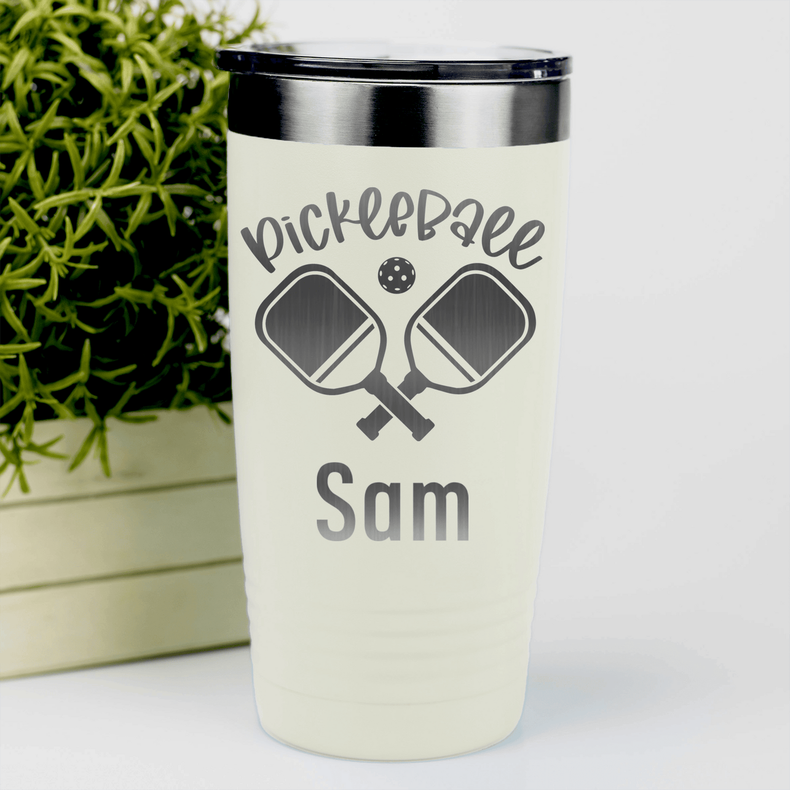 White Pickleball Tumbler With Crossing Swords Design