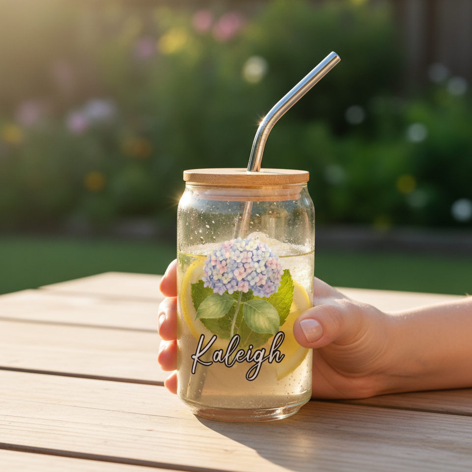 Hand holding a jar with a straw, filled with lemon slices and a hydrangea flower, outdoors.