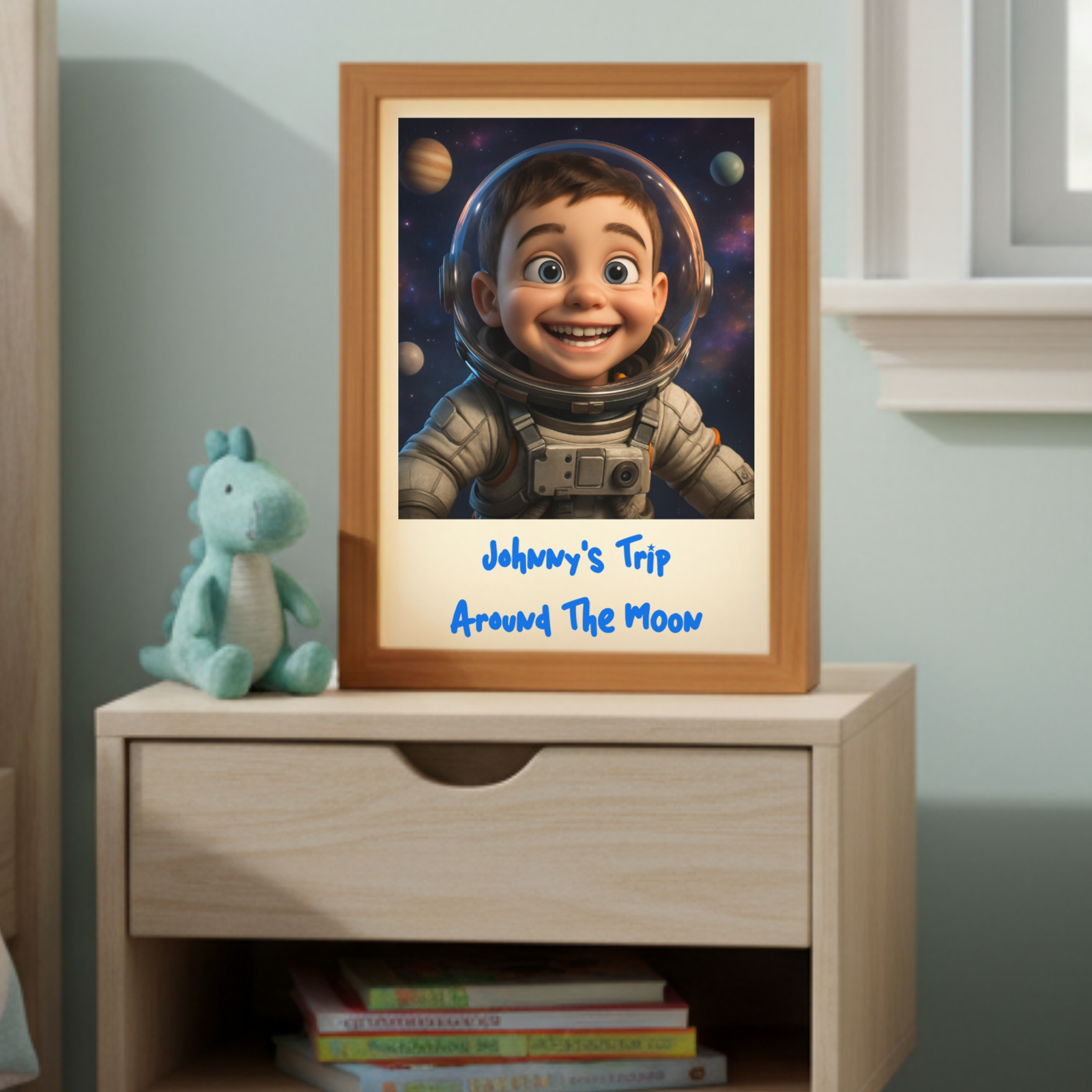 Framed picture frame with tan wood border displaying cartoon astronaut character with sample text "Johnny's Trip Around The Moon" in blue handwriting, displayed on wooden nightstand next to stuffed animal.