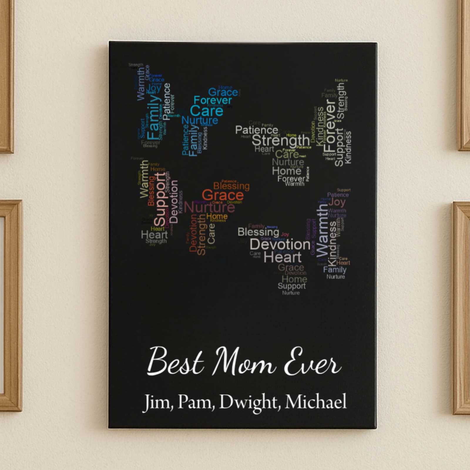 Black canvas with white script text reading "Best Mom Ever" and personalized names Jim, Pam, Dwight, Michael below a word cloud in blue, red, orange, and gray featuring words like Grace, Strength, Care, Blessing, and Devotion arranged in a heart silhouette shape.