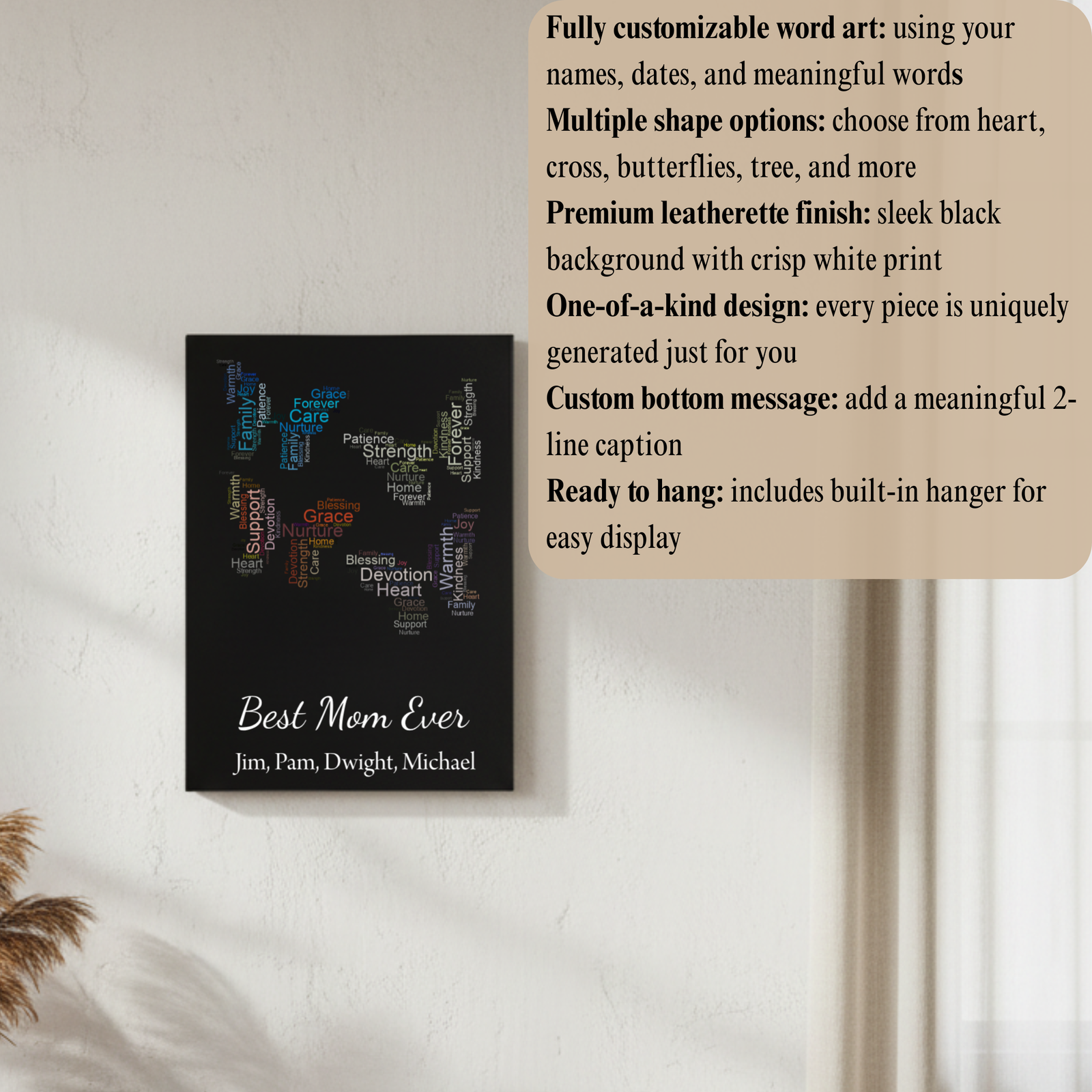 Black leatherette word art sign with sample text "Best Mom Ever" and names Jim, Pam, Dwight, Michael displayed in multicolored word cloud arrangement with built-in hanger.