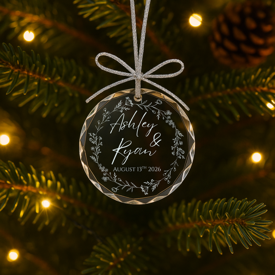 Personalized glass Christmas ornament for couple with names and custom message