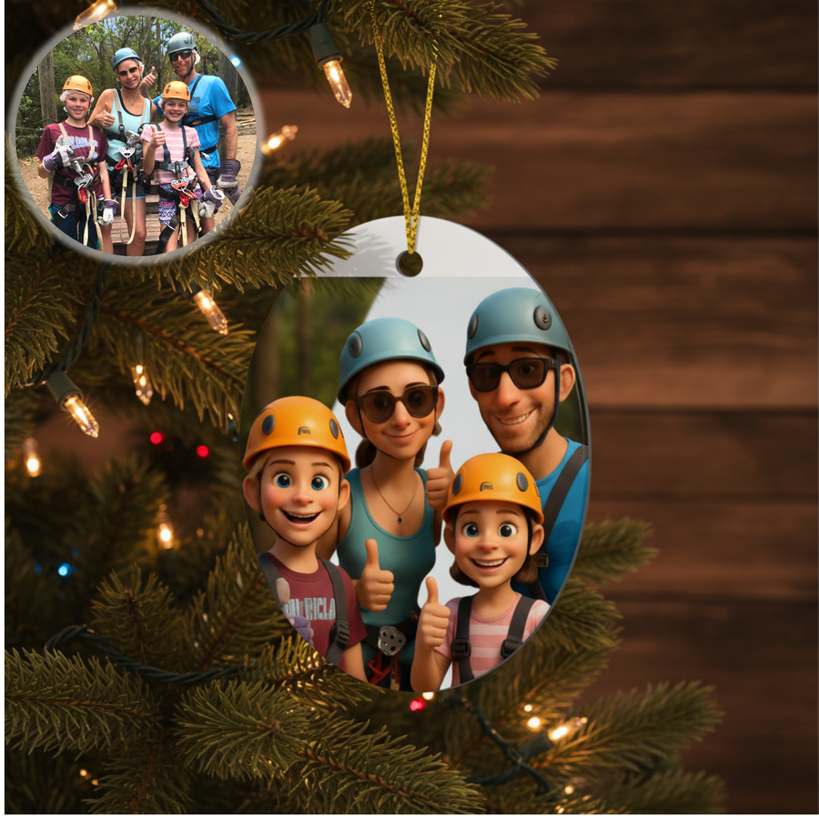 Oval ornament hanging from gold string among evergreen branches with warm lights, displaying cartoon-style family of four in safety helmets with thumbs up, with photo inset showing real family.