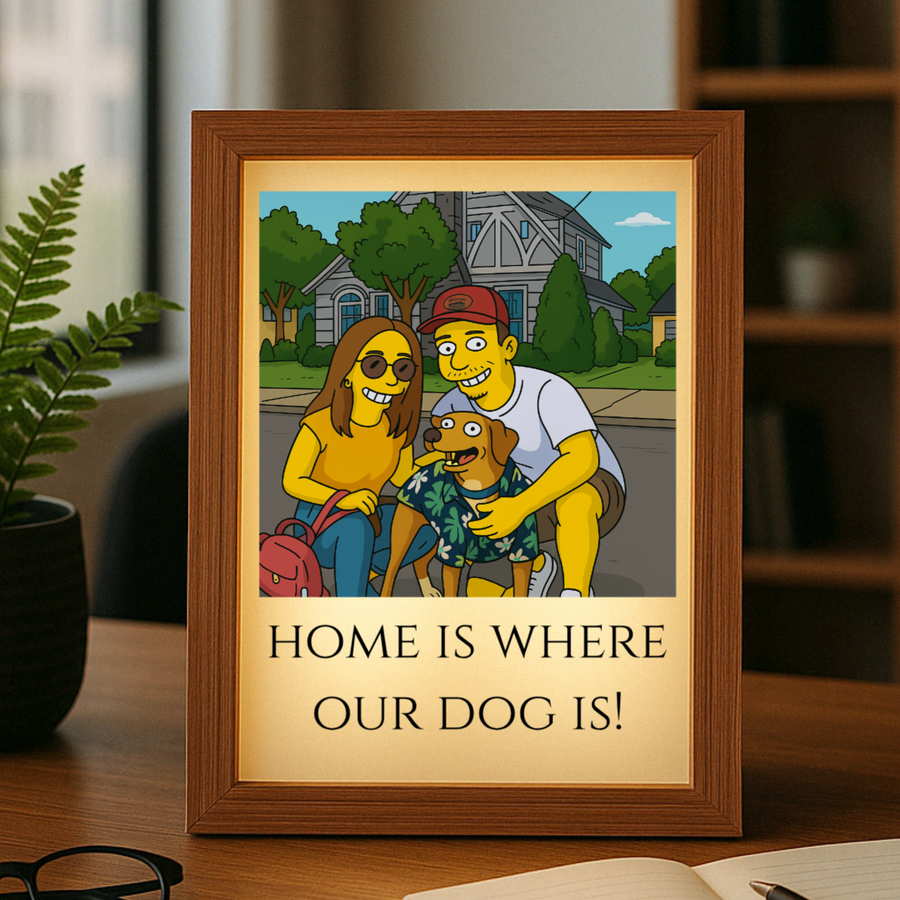 Framed cartoon illustration with wood grain border showing three characters and dog in front of house, text reads "HOME IS WHERE OUR DOG IS!