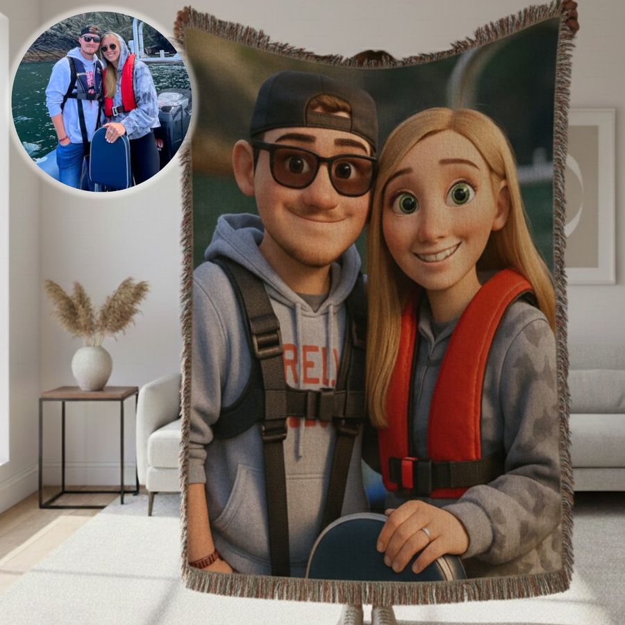 Woven cotton blanket with fringed edges displaying animated cartoon-style illustration of a couple, transformed from the photo shown in the circular inset, displayed draped in a modern home setting