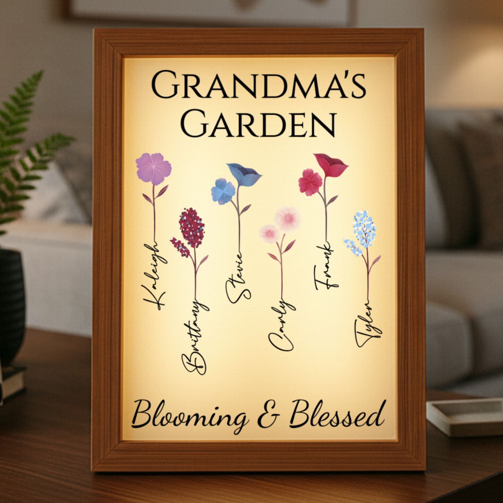 Custom Illuminated Garden Frame with Names and Flowers – Gift for Her