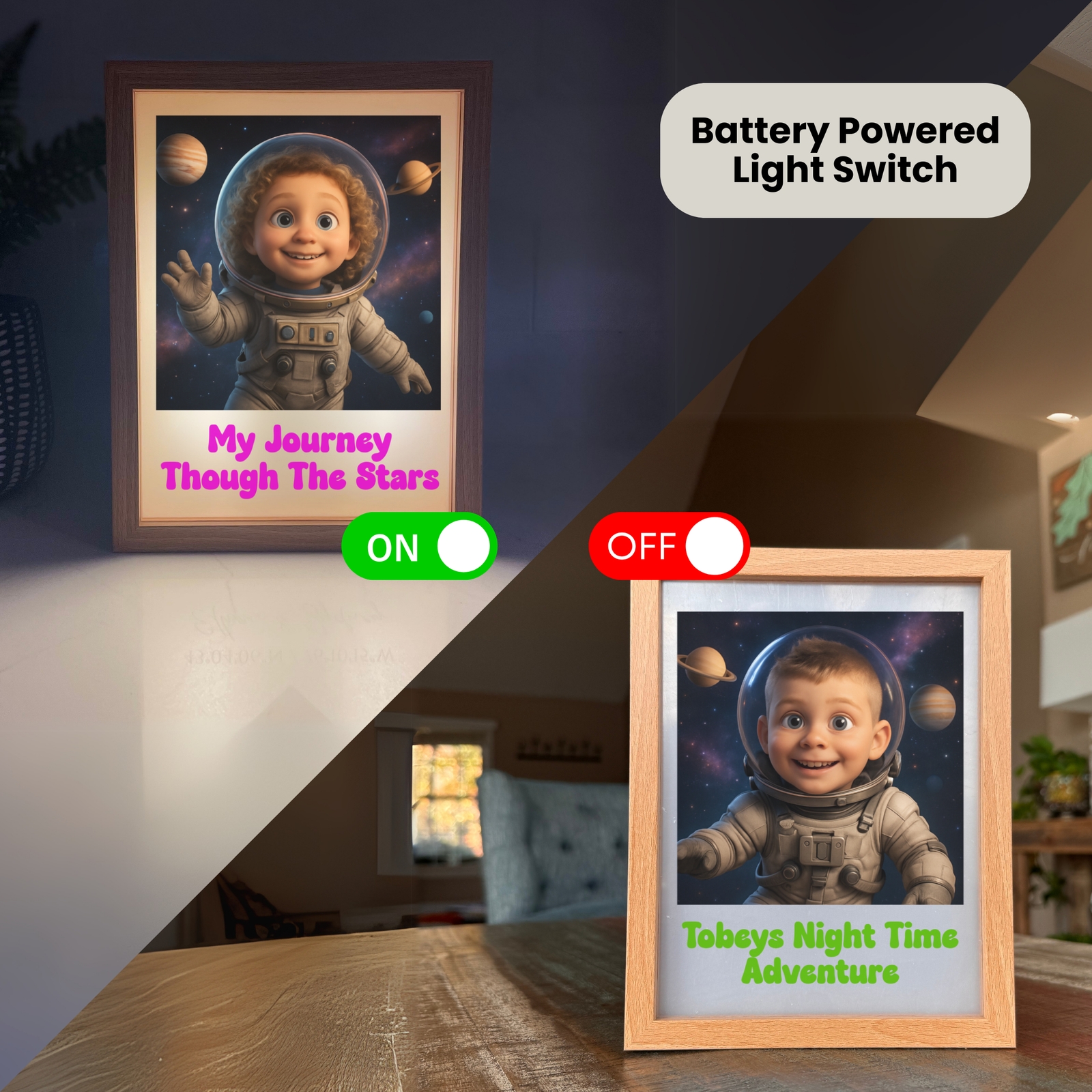 Two framed astronaut night lights displayed side-by-side, one with dark wood frame and magenta text "My Journey Through The Stars" shown illuminated with green ON toggle, the other with light wood frame and green text "Tobeys Night Time Adventure" shown with red OFF toggle.