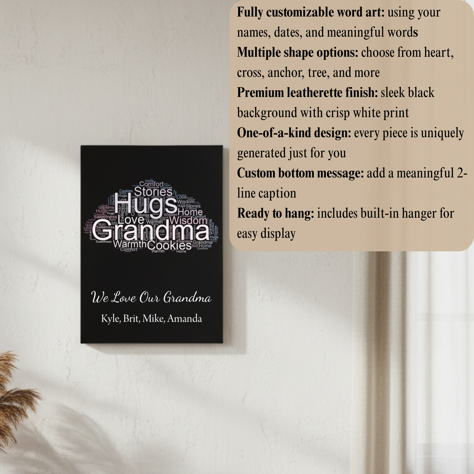 Black leatherette wall sign with white word art featuring "Grandma" prominently, surrounded by related words like "Love," "Hugs," and "Home," with sample text "We Love Our Grandma" and names "Kyle, Brit, Mike, Amanda" printed below