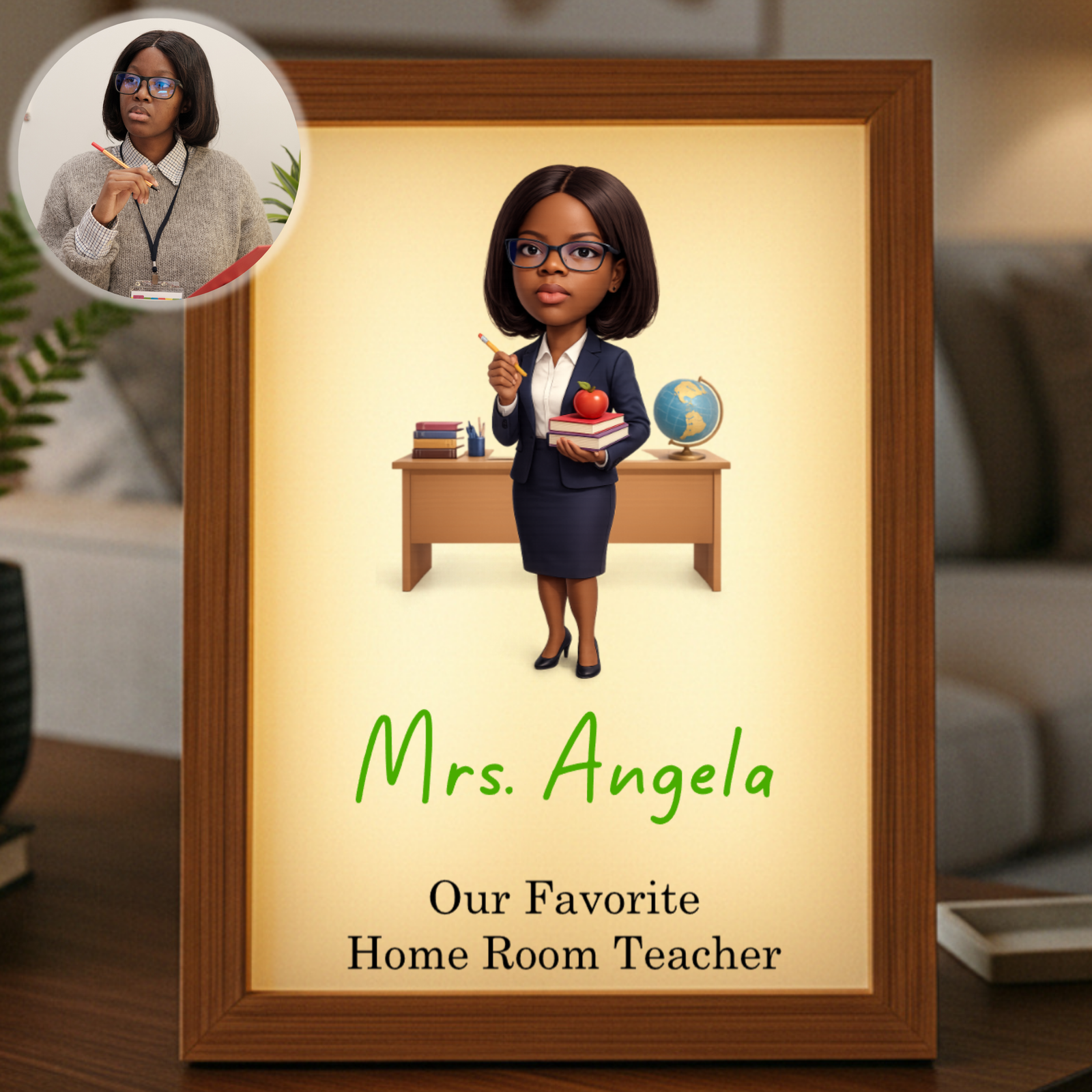Personalized light frame with wood border displaying cartoon illustration of female teacher in navy blazer holding pencil and apple, with sample name "Mrs. Angela" and text "Our Favorite Home Room Teacher" below