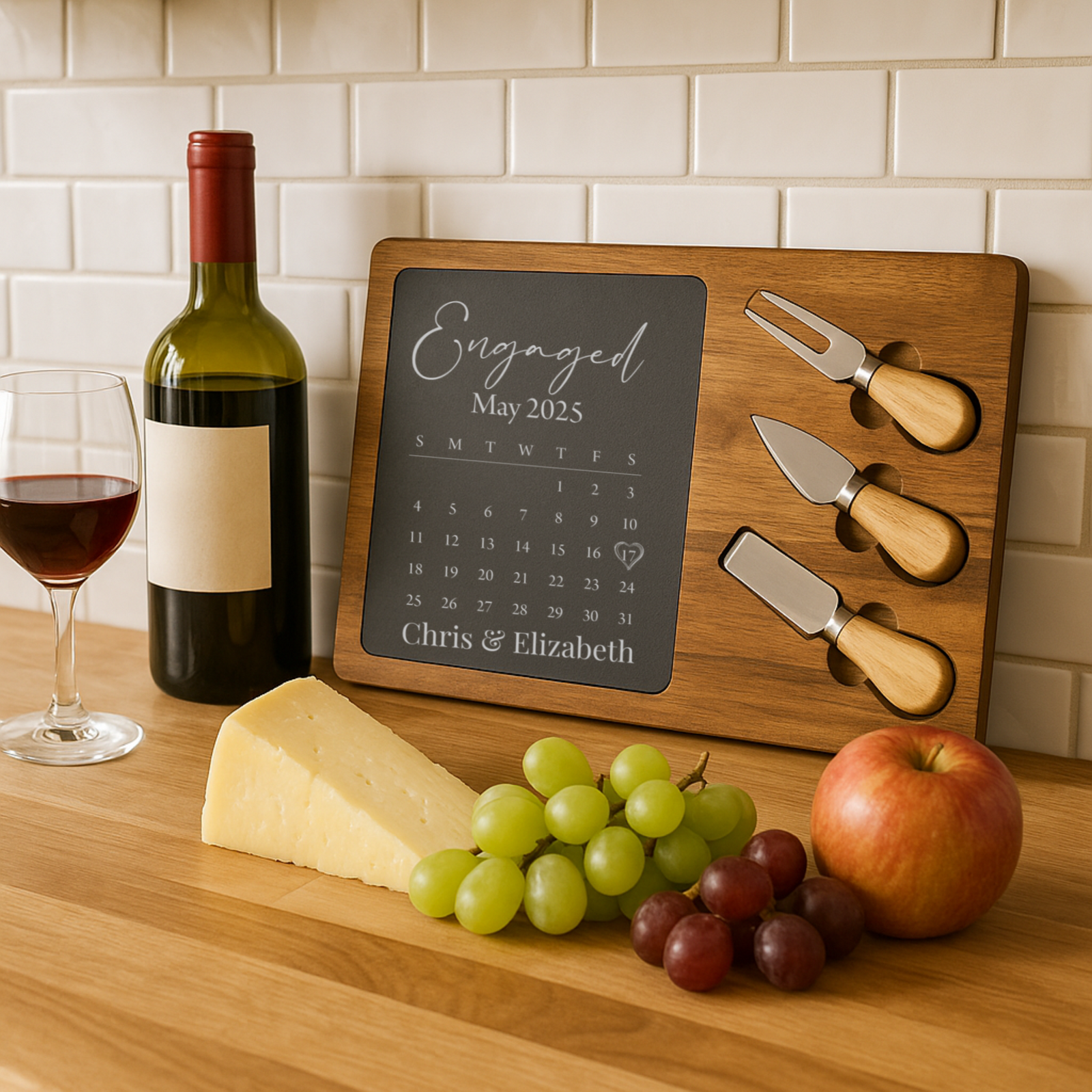 Personalized couples calendar cheese board with engraved date and names
