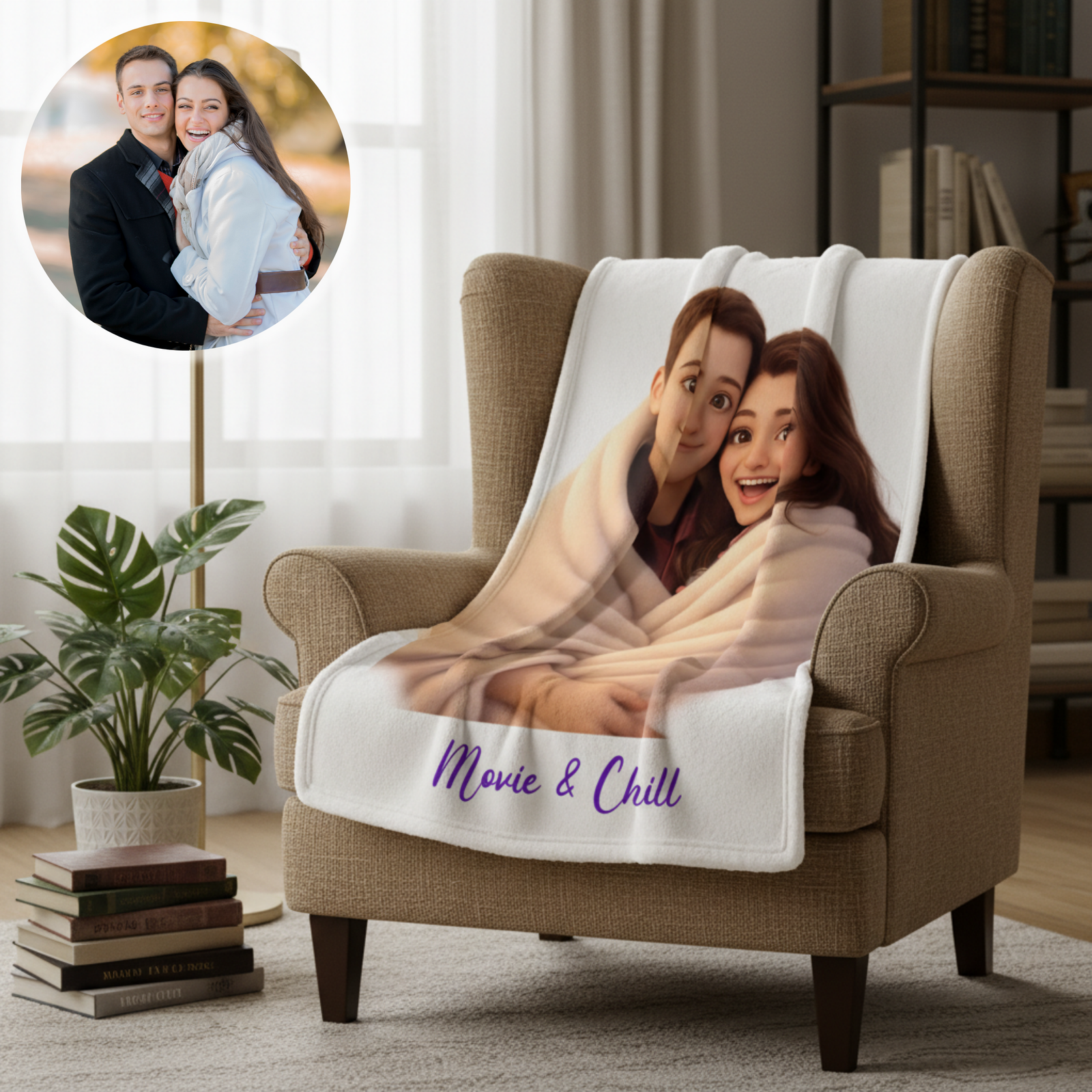 Personalized blanket draped over a beige armchair, featuring an illustrated couple under a blanket with "Movie & Chill" text in purple script, displayed in a living room setting.