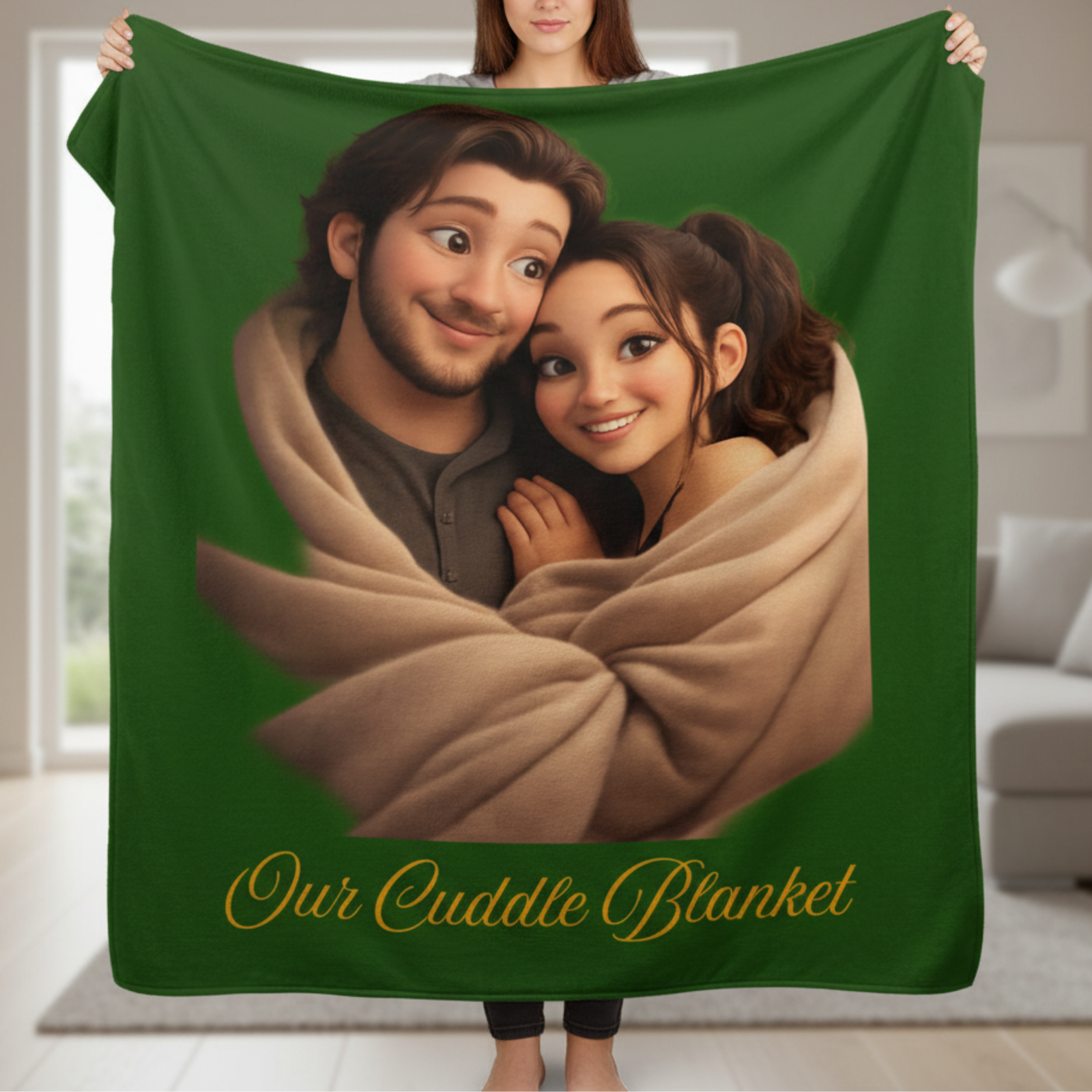 Green fleece blanket with animated illustration of a couple wrapped in a beige blanket, with gold text reading "Our Cuddle Blanket" at the bottom.