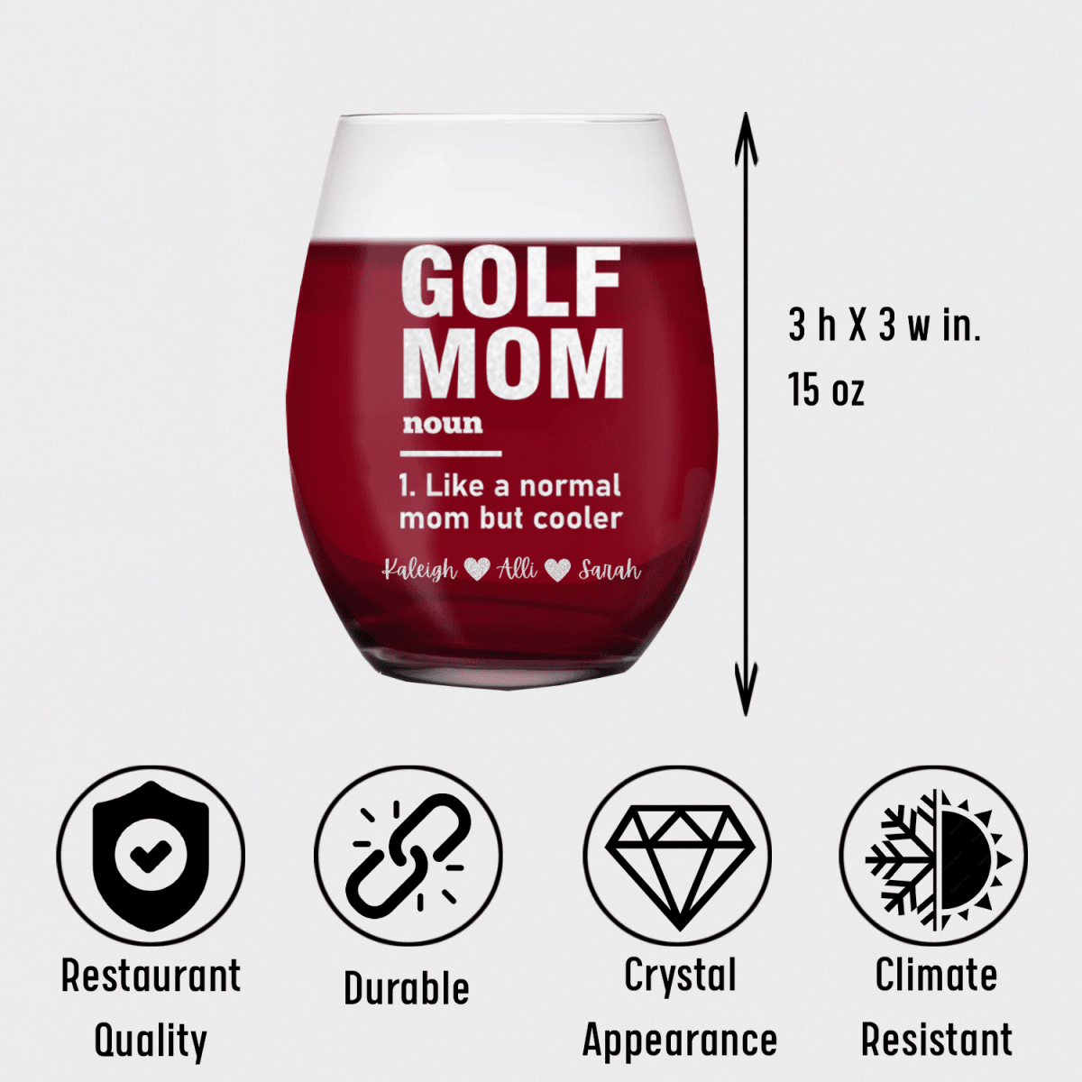 Personalized Definition Of A Golf Mom Stemless Wine Glass for her, Customized Gifts for Women by Groovy Girl Gifts