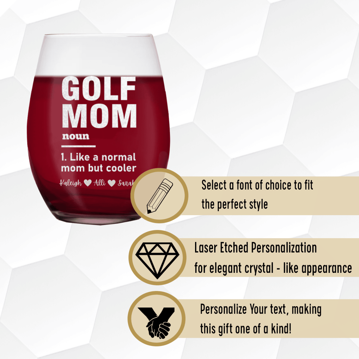 Personalized Definition Of A Golf Mom Stemless Wine Glass for her, Customized Gifts for Women by Groovy Girl Gifts
