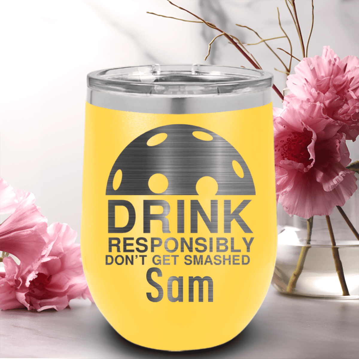 Yellow Pickleball Wine Tumbler With Dont Get Smashed Design