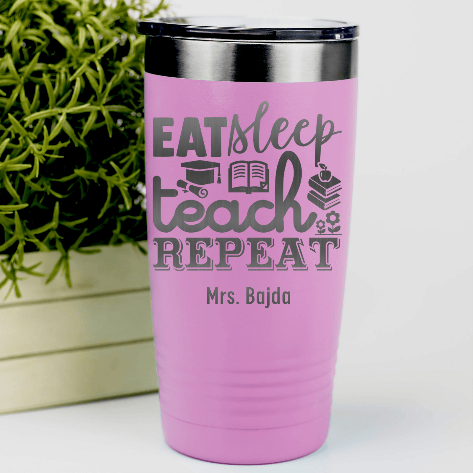Pink Teacher Tumbler With Eat Sleep Teach And Repeat Design