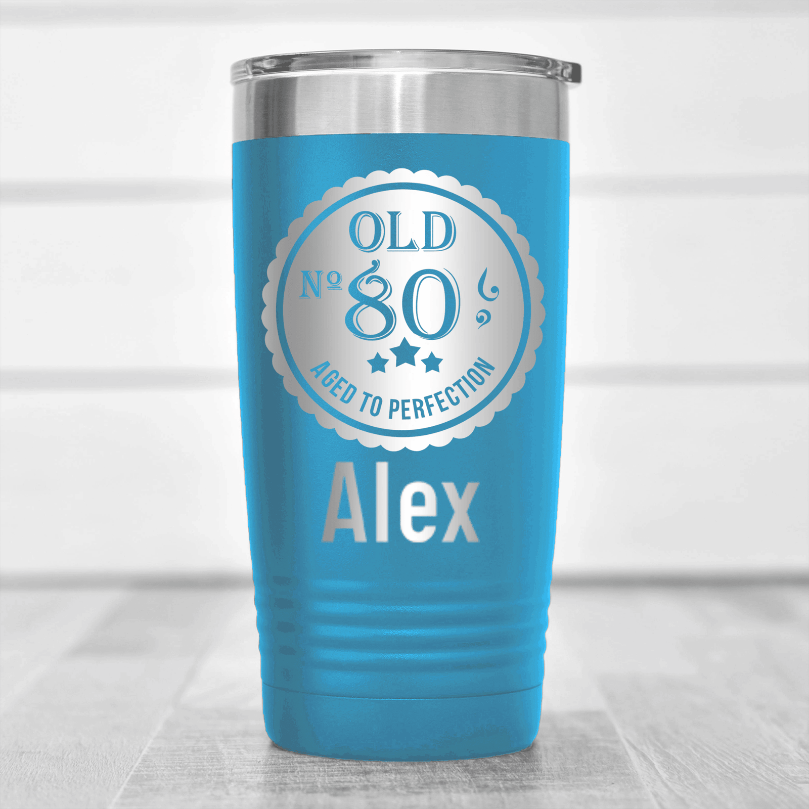 Light Blue Birthday Tumbler With Eighty Aged To Perfection Design