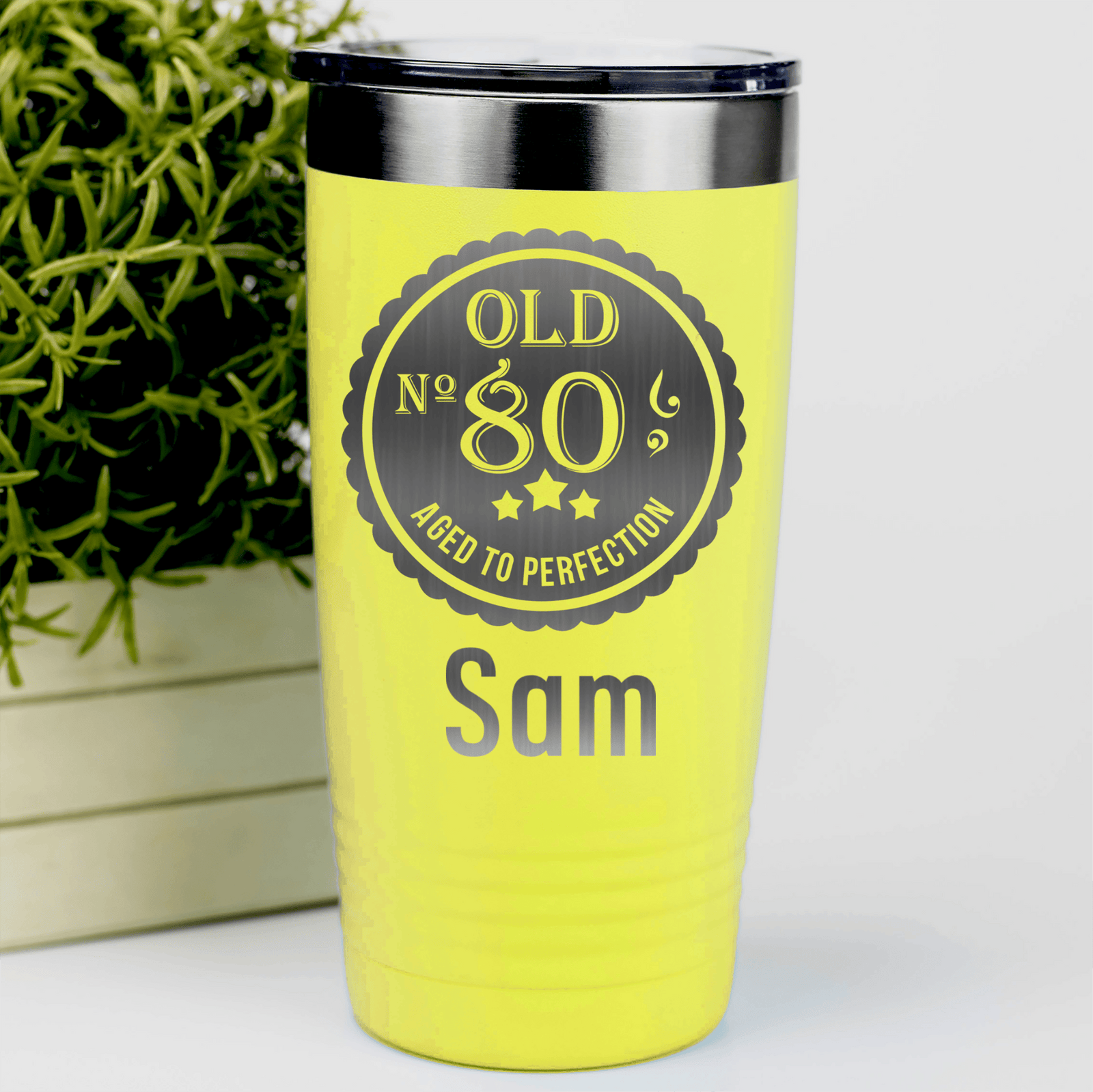 Yellow Birthday Tumbler With Eighty Aged To Perfection Design
