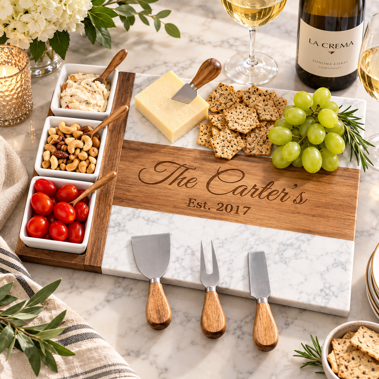 Personalized wooden and marble charcuterie board set with three cheese knives, styled with crackers, grapes, tomatoes, and wine on a marble countertop.