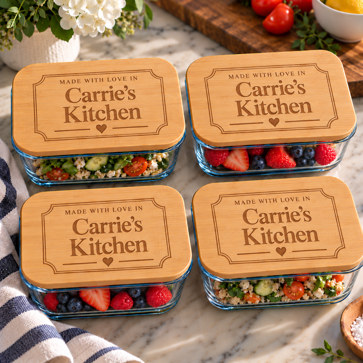 Four clear glass meal prep containers with rectangular lids, each topped with a natural wood lid engraved with the text 'MADE WITH LOVE IN Carrie's Kitchen