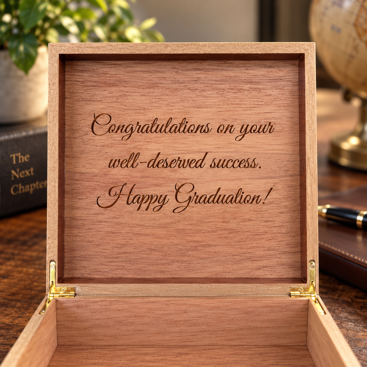 Inside lid of a graduation keepsake box engraved in script with the message Congratulations on your well-deserved success. Happy Graduation!