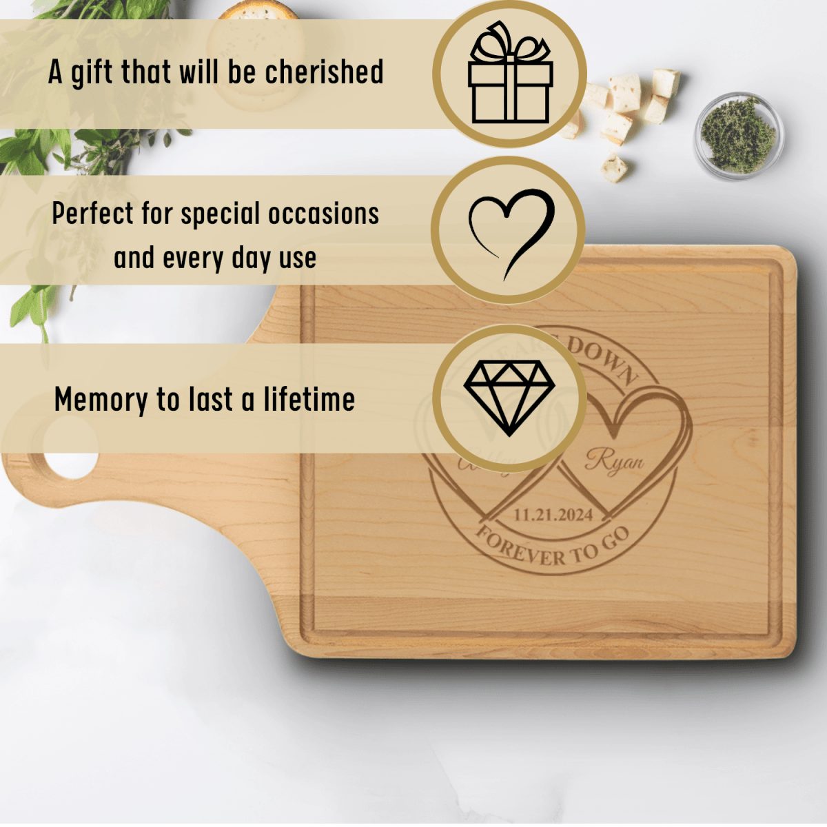 Anniversary Maple Paddle Cutting Board With Entwined Hearts Anniversary Design