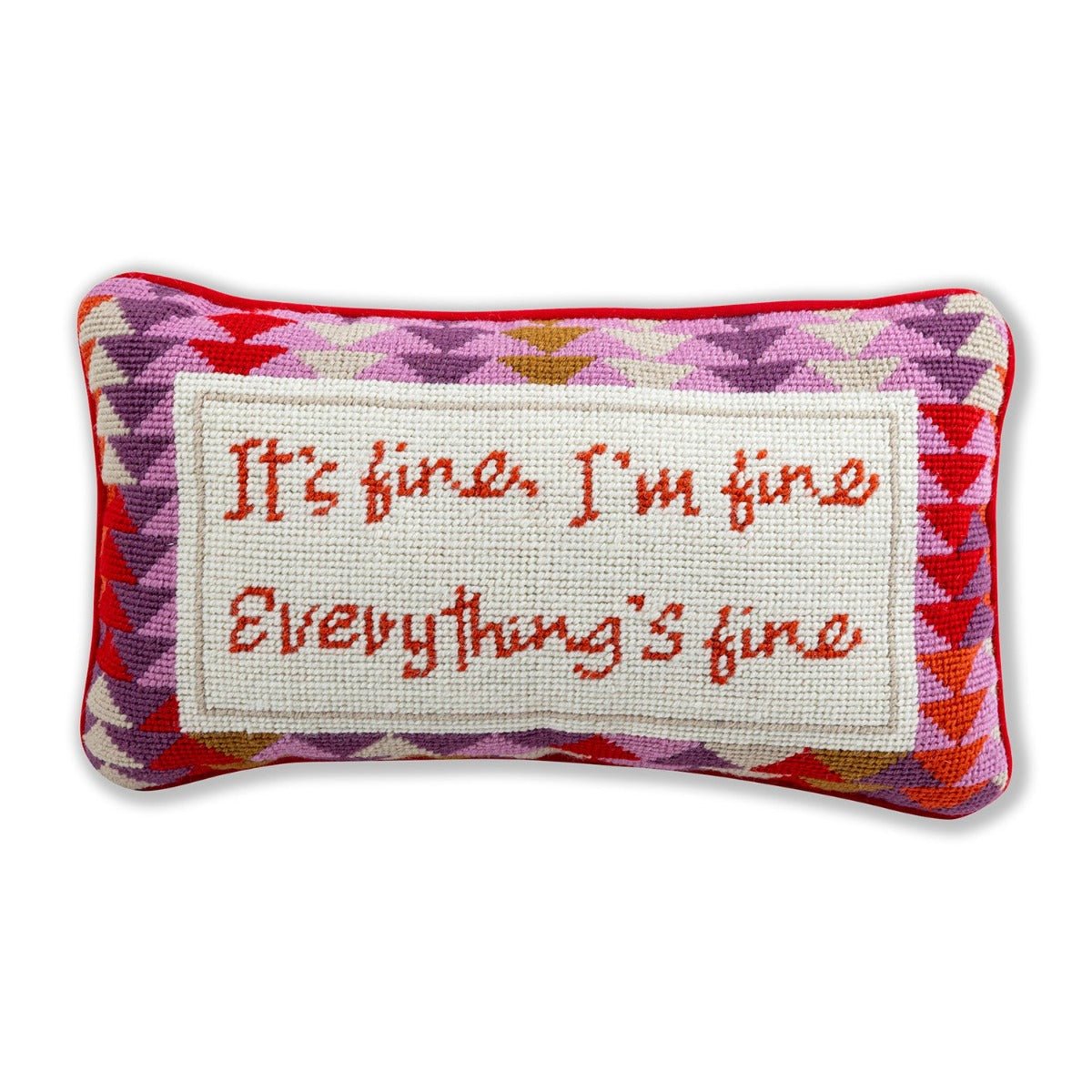 Everything's Fine needlepoint pillow with premium wool embroidery and soft cotton velvet back, 9x15 inches, a fun and relatable decor accent.