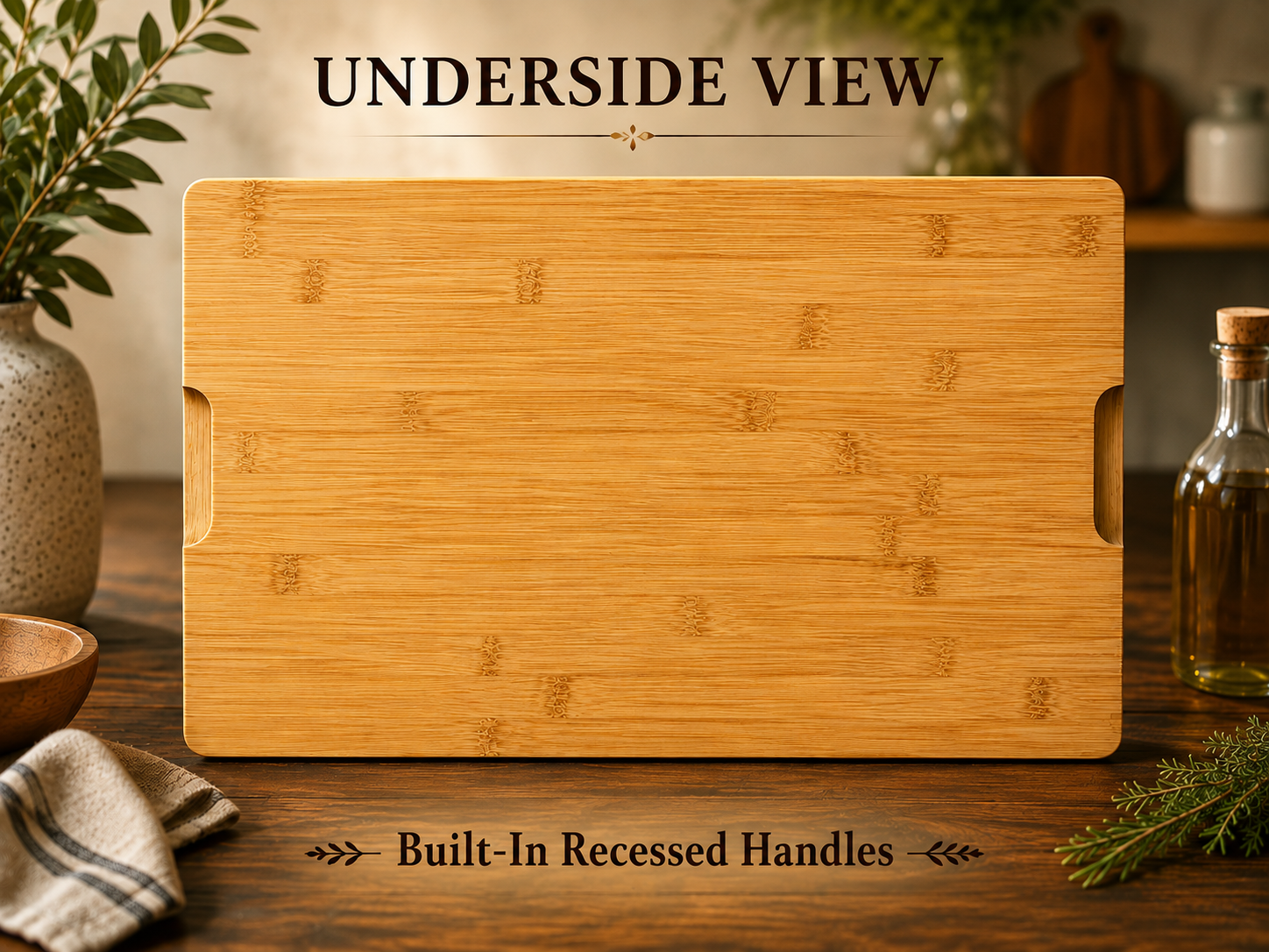 A rectangular bamboo cutting board shown from the underside on a wooden table, with text reading 'UNDERSIDE VIEW' and 'Built-In Recessed Handles.' The board has rounded corners and built-in side handles cut into the bamboo surface.