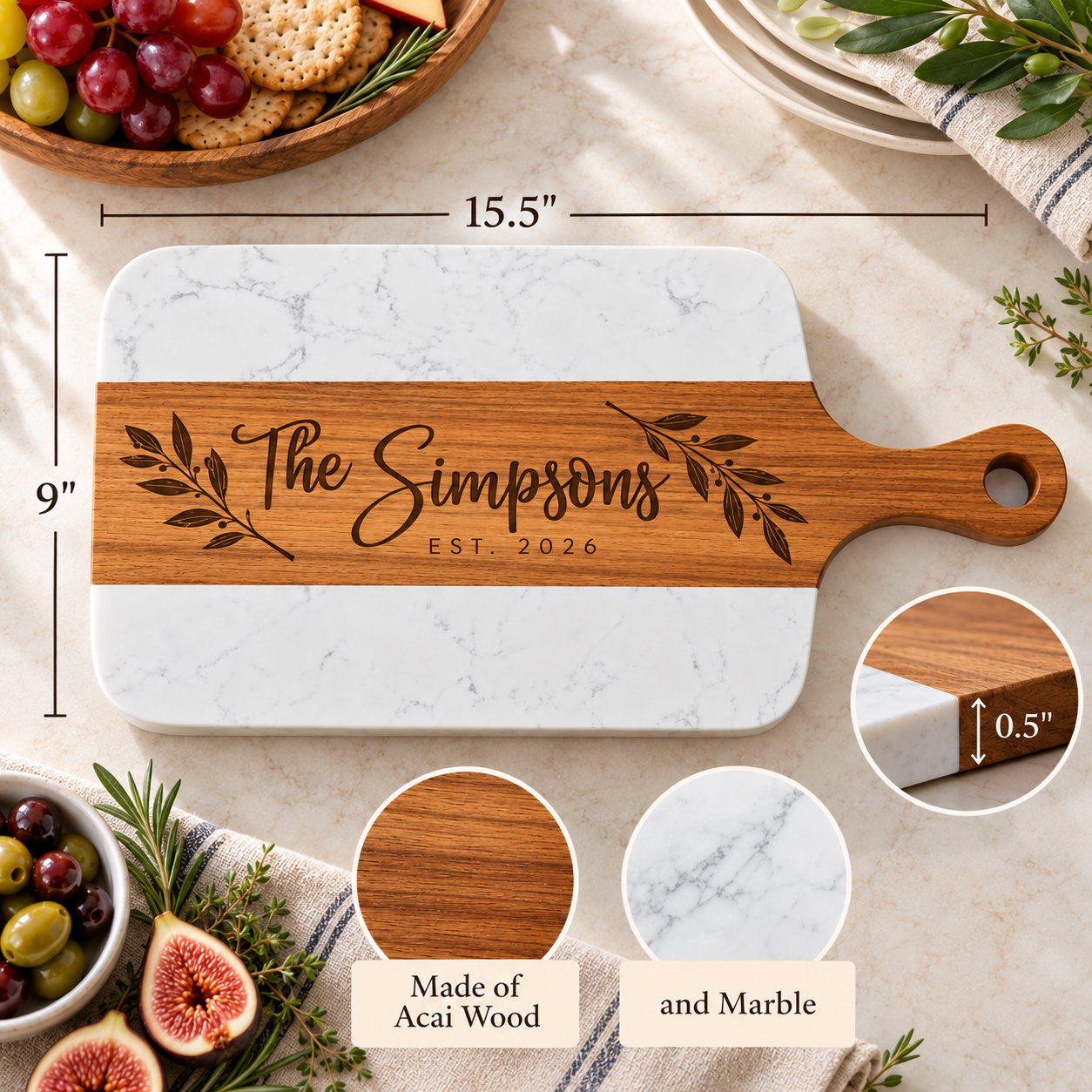Personalized rectangular serving board with a white marble lower half and a natural wood upper half featuring engraved script reading “The Simpsons EST. 2026” with leaf motifs.
