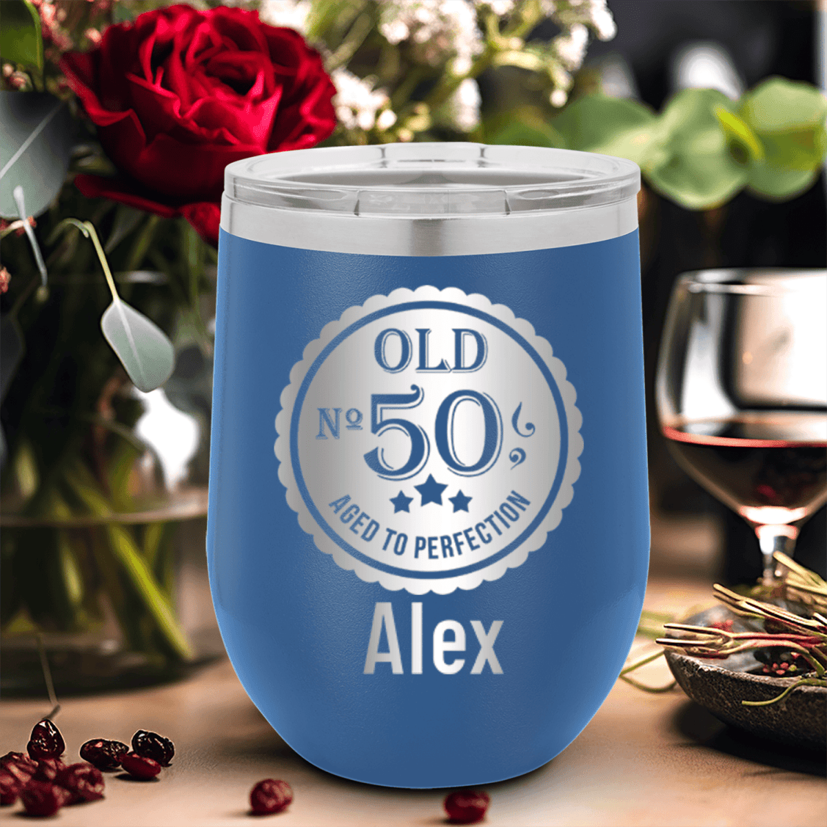 Personalized Fifty Aged To Perfection Wine Tumbler for her, Customized Gifts for Women by Groovy Girl Gifts