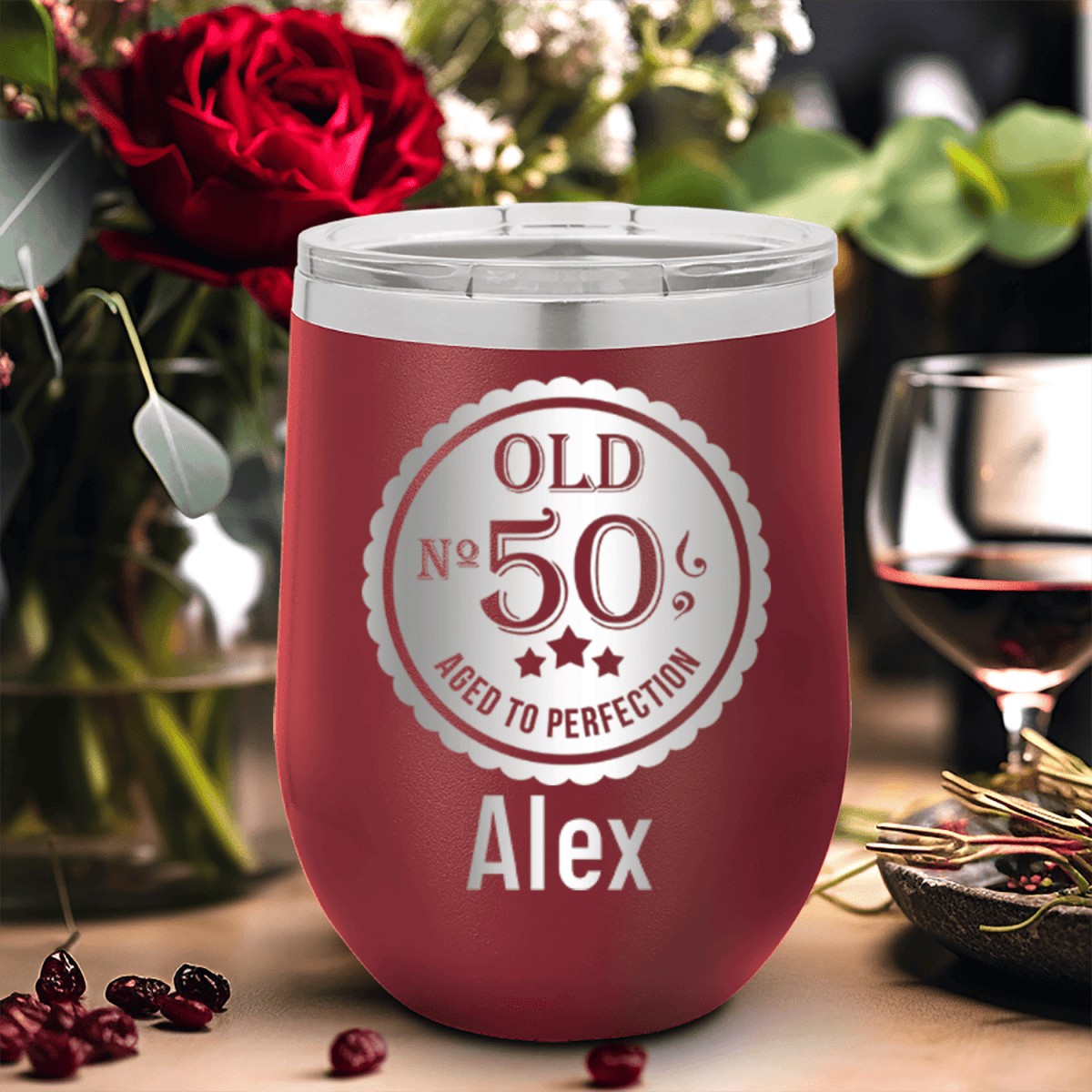 Personalized Fifty Aged To Perfection Wine Tumbler for her, Customized Gifts for Women by Groovy Girl Gifts