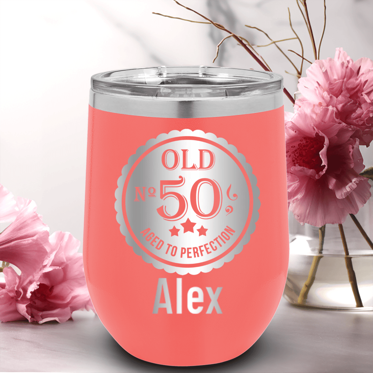 Personalized Fifty Aged To Perfection Wine Tumbler for her, Customized Gifts for Women by Groovy Girl Gifts