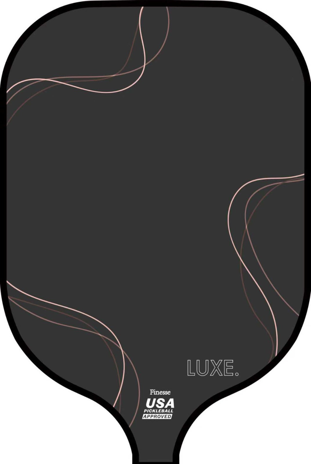 Charcoal gray pickleball paddle with rose gold curved line design accents and LUXE branding on face.