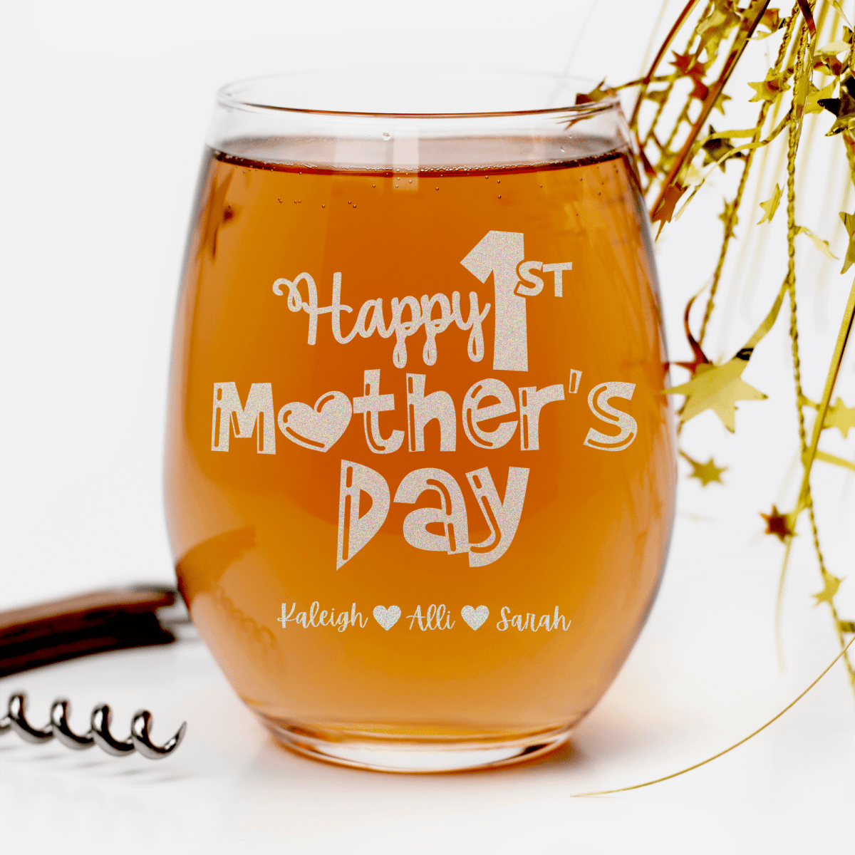 Personalized First Mothers Day Stemless Wine Glass for her, Customized Gifts for Women by Groovy Girl Gifts