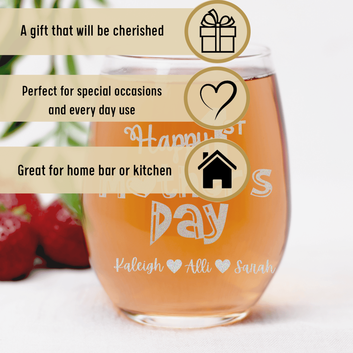 Personalized First Mothers Day Stemless Wine Glass for her, Customized Gifts for Women by Groovy Girl Gifts
