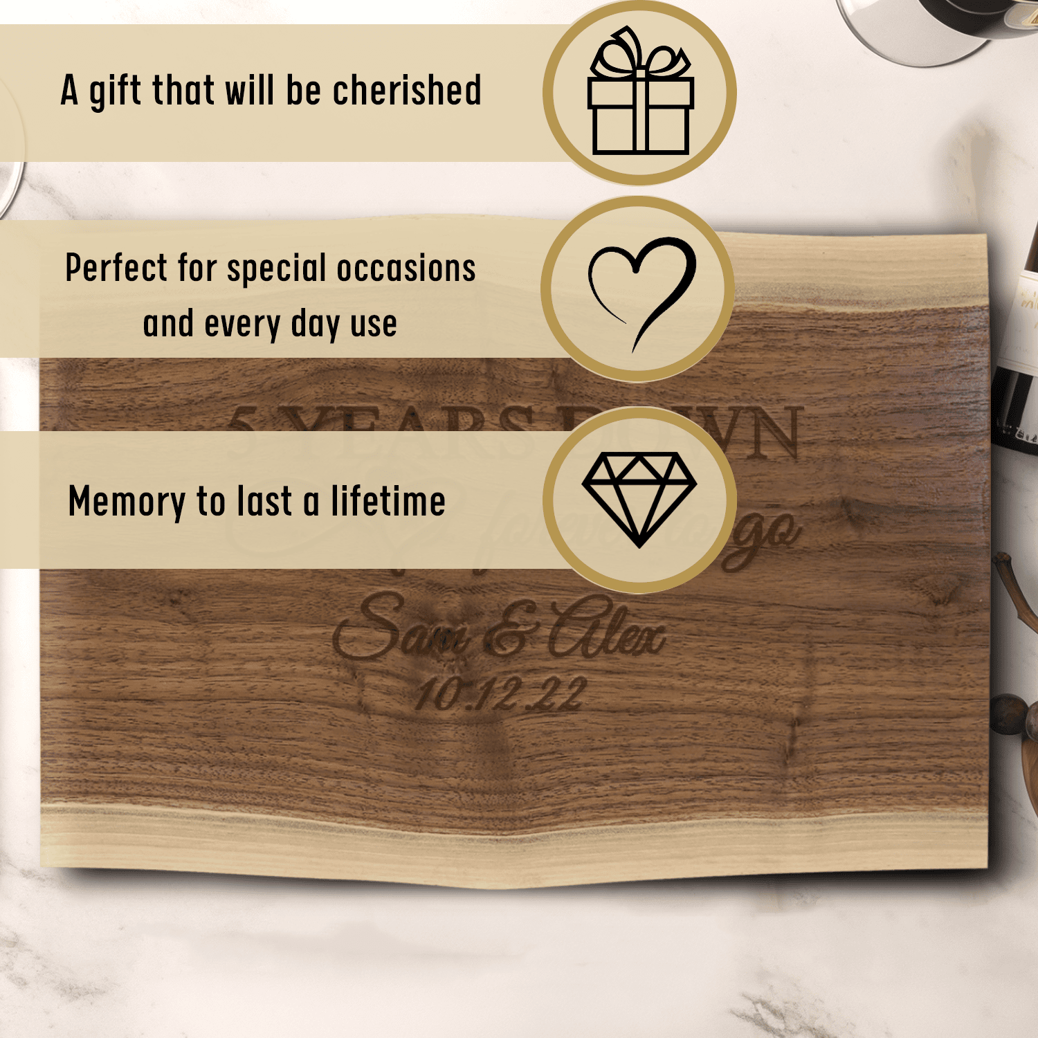 Anniversary Black Walnut Cutting Board With Five Years Down Design