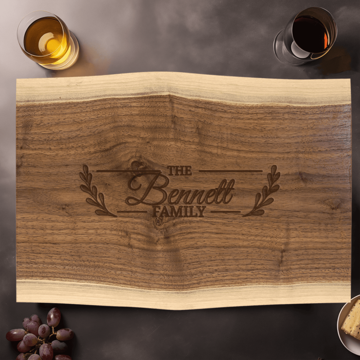 Family Name Walnut Cutting Board With Flourishing Family Design