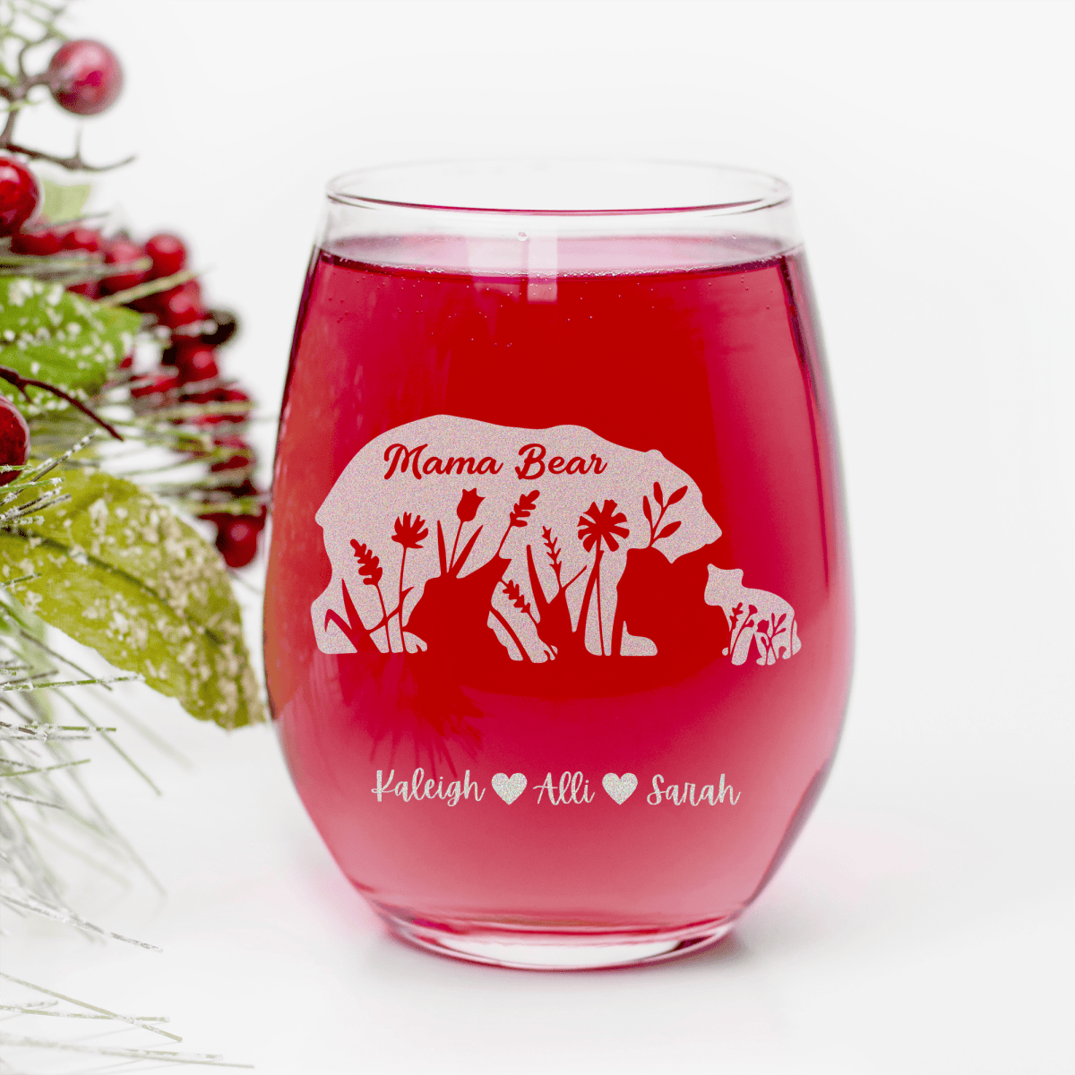 Flower Mama Bear Stemless Wine Glass