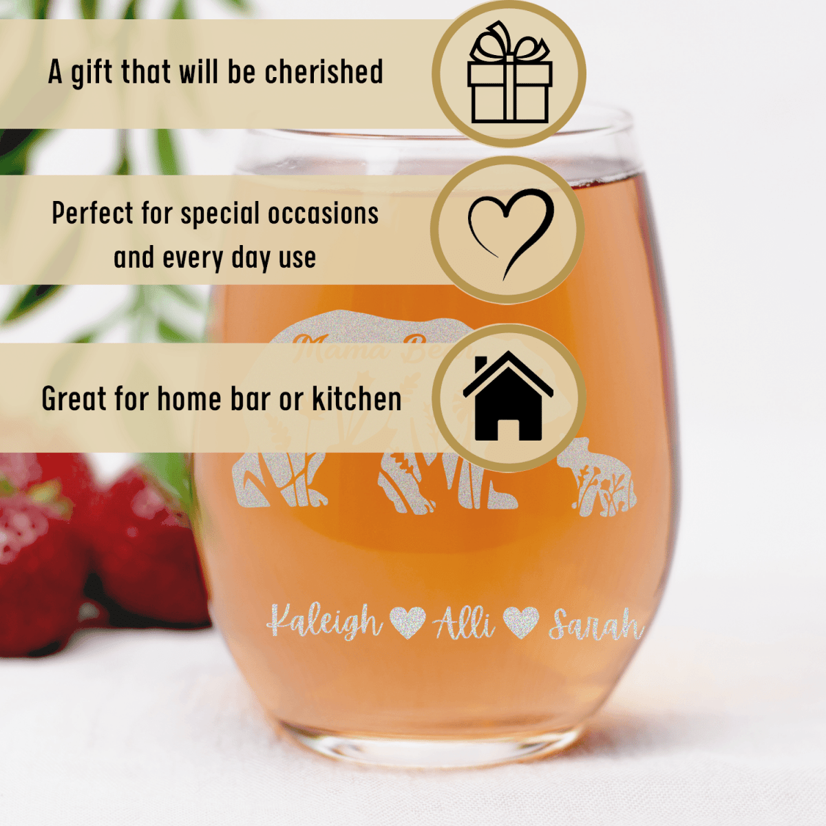 Personalized Flower Mama Bear Stemless Wine Glass for her, Customized Gifts for Women by Groovy Girl Gifts