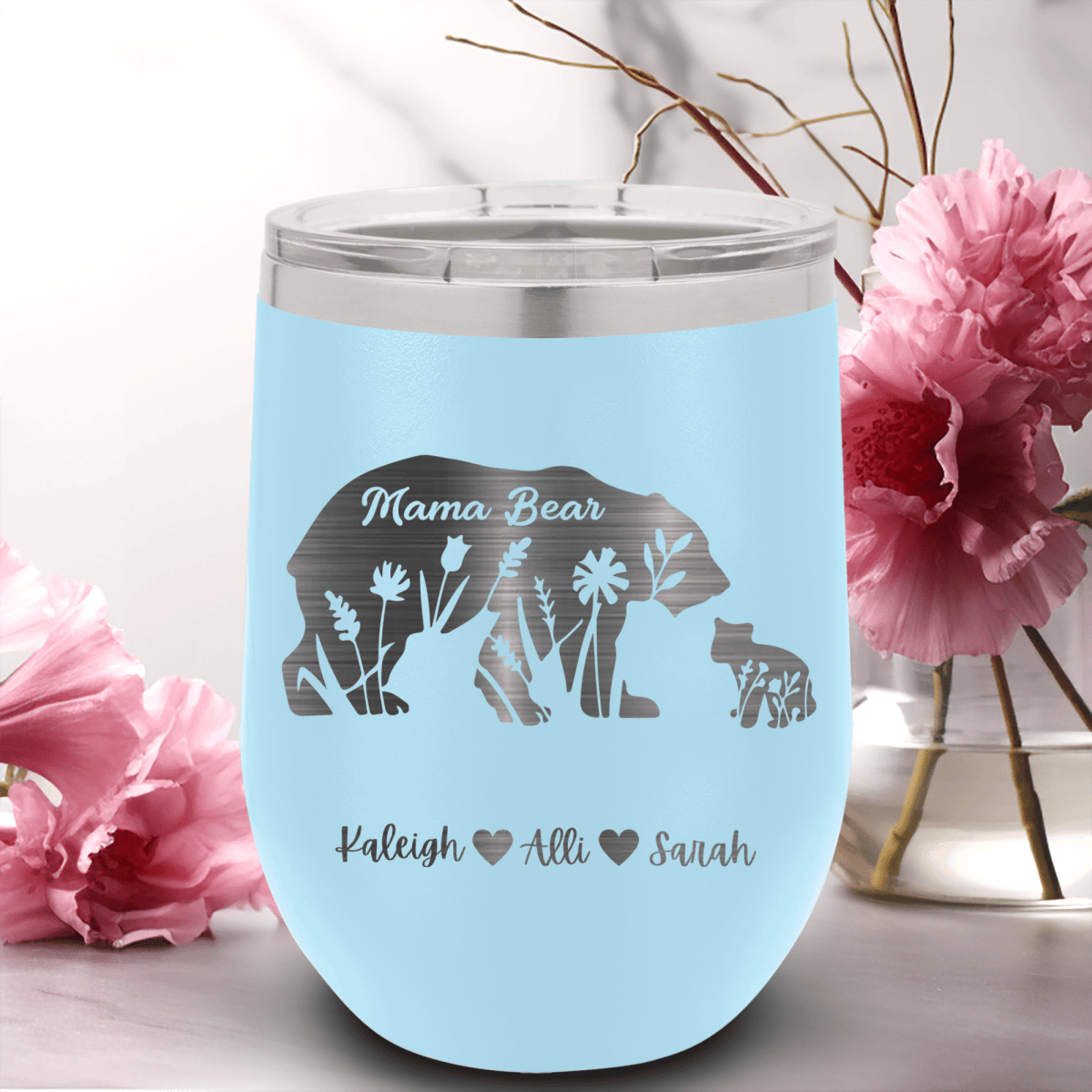 Light Blue Mothers Day Wine Tumbler With Flower Mama Bear Design