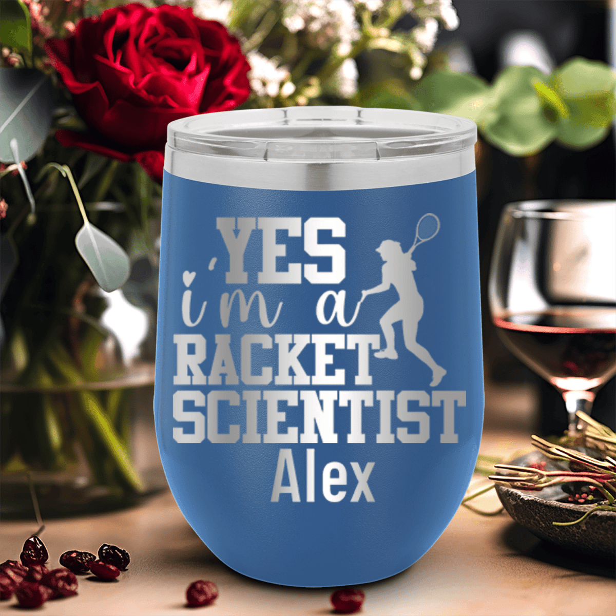 Blue Tennis For Her Wine Tumbler With Girl Tennis Scientist Design