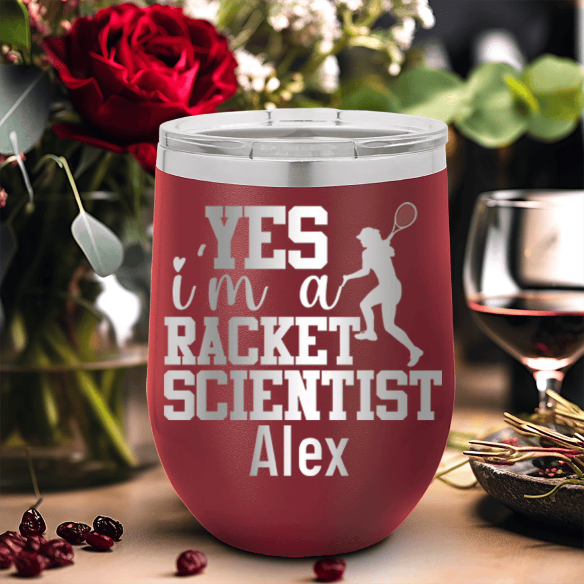Maroon Tennis For Her Wine Tumbler With Girl Tennis Scientist Design